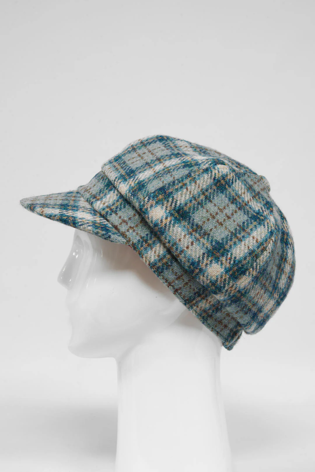 Harris Tweed Baker Boy Hat - Duck Egg/Cream Check (GA) - Image 4