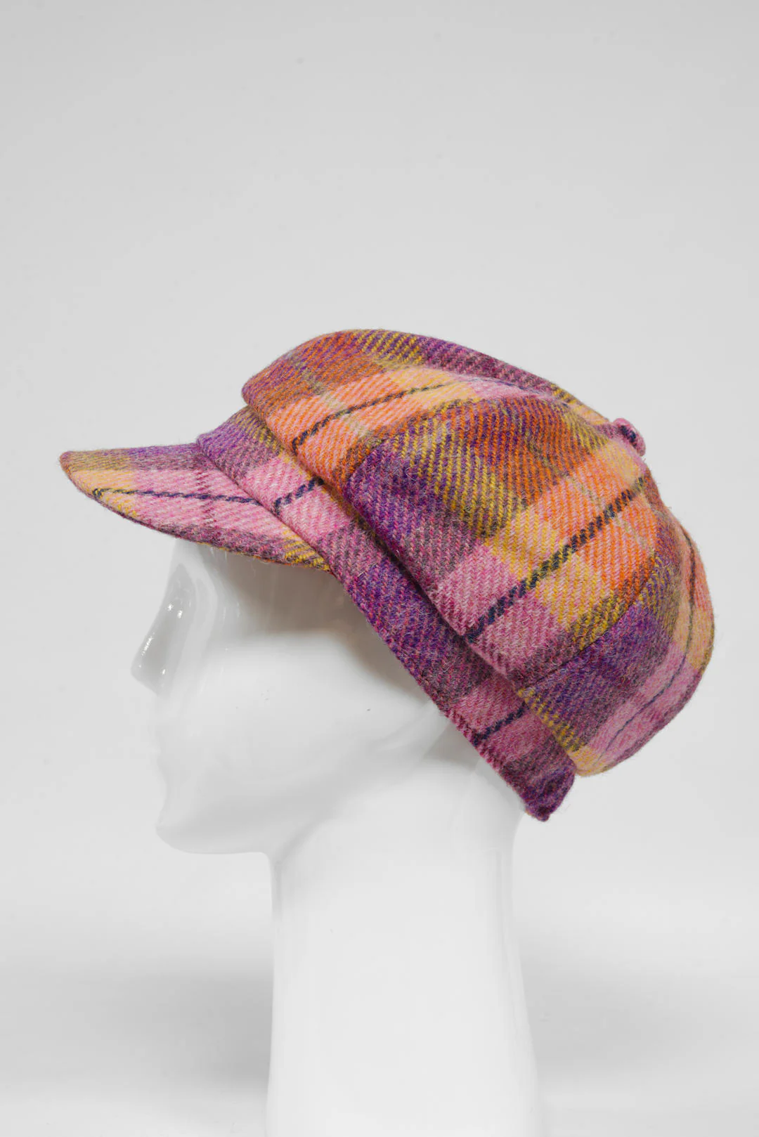 Harris Tweed Baker Boy Hat - Peach/Purple Check (GA) - Image 4