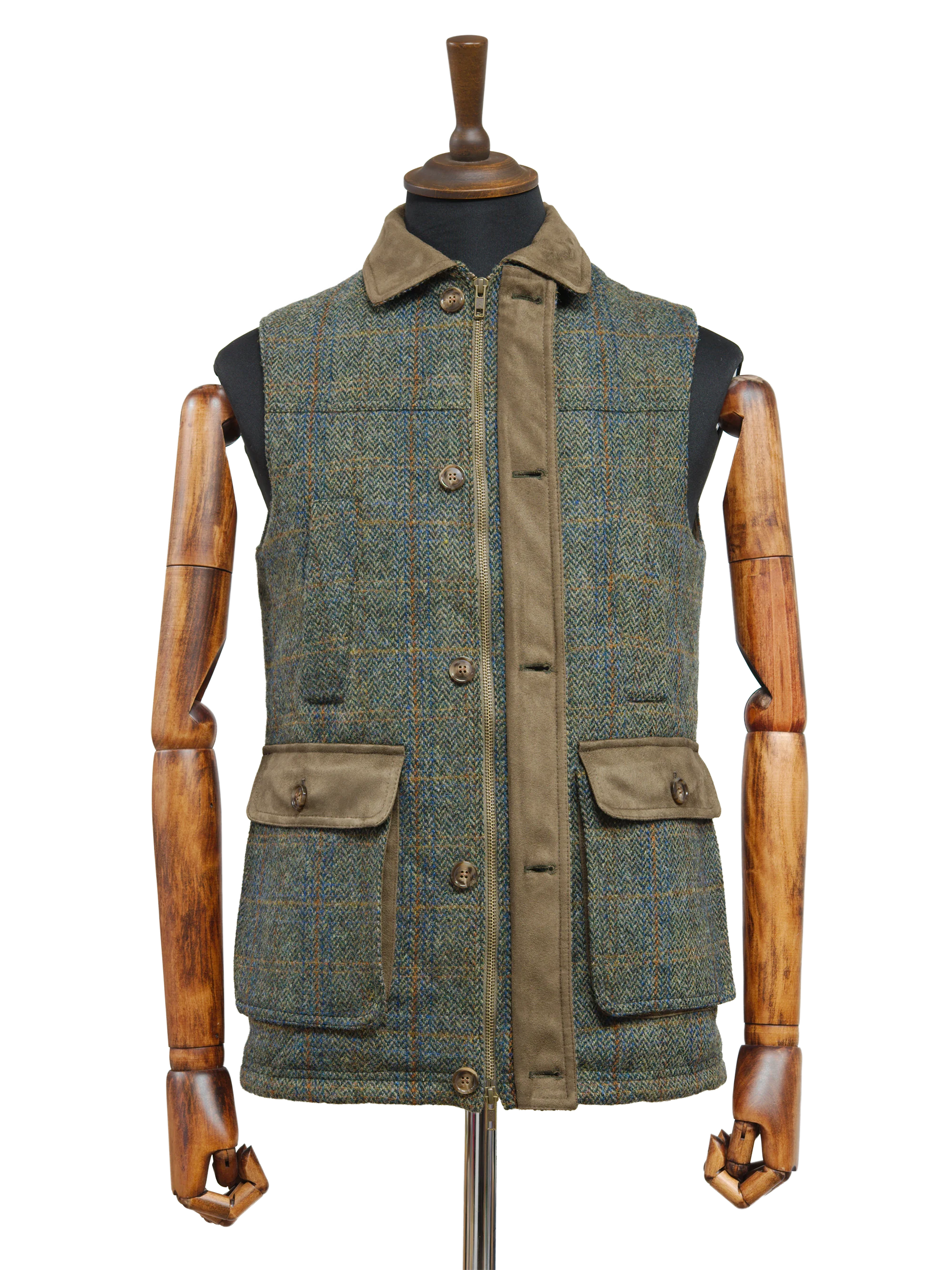 Harris Tweed Chuck Country Gilet - Green Herringbone With Overcheck