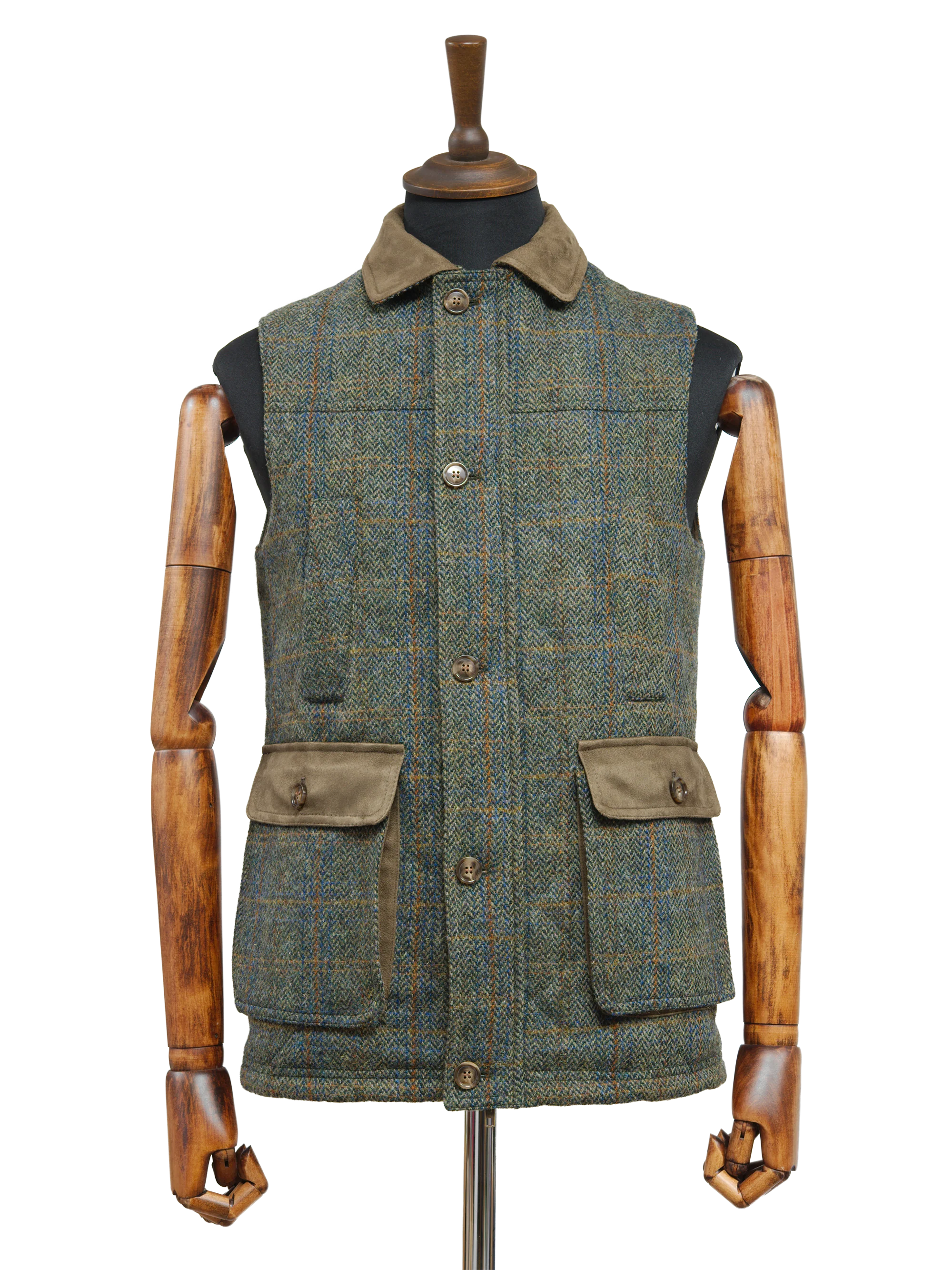 Harris Tweed Chuck Country Gilet - Green Herringbone With Overcheck - Image 2