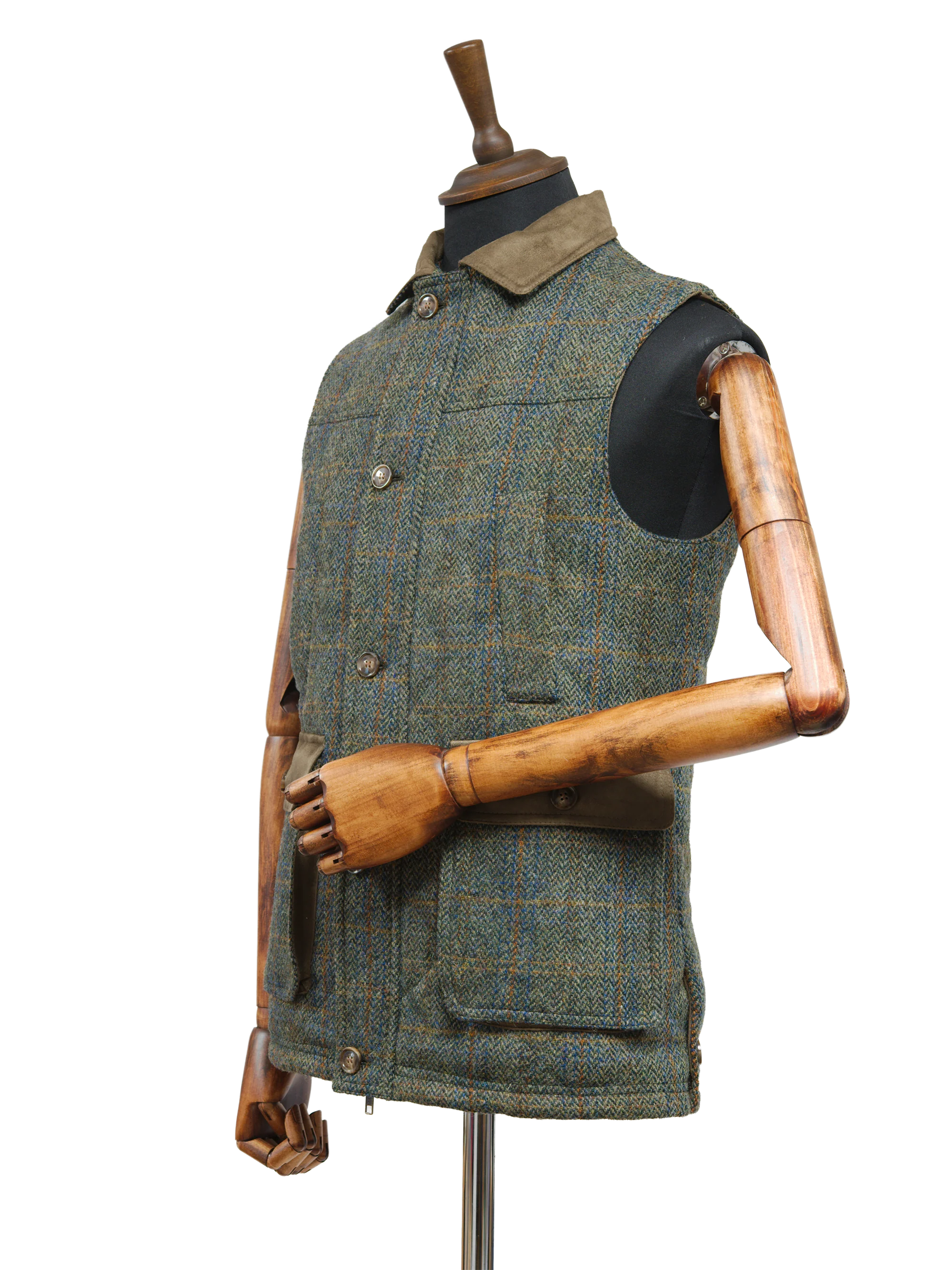 Harris Tweed Chuck Country Gilet - Green Herringbone With Overcheck - Image 3
