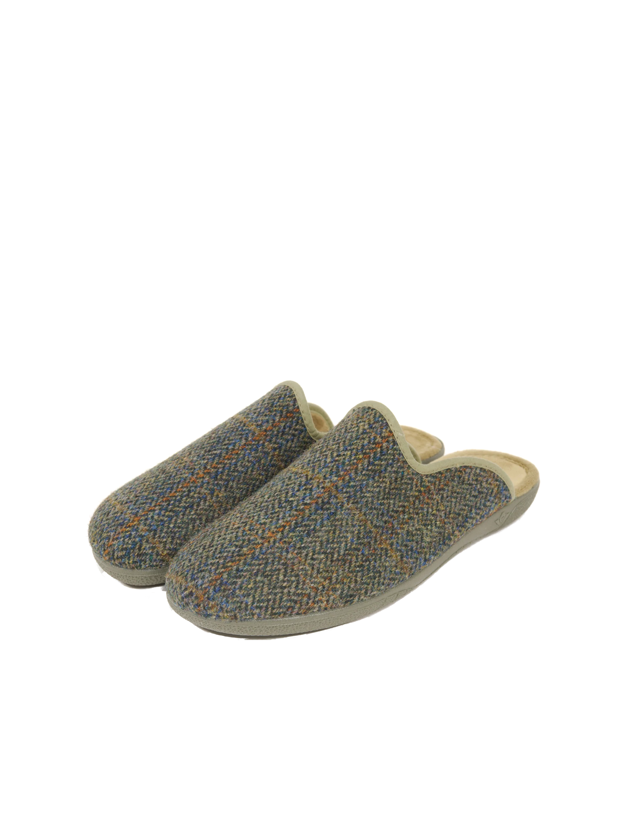 Harris Tweed Gents Slippers - Green Herringbone With Overcheck