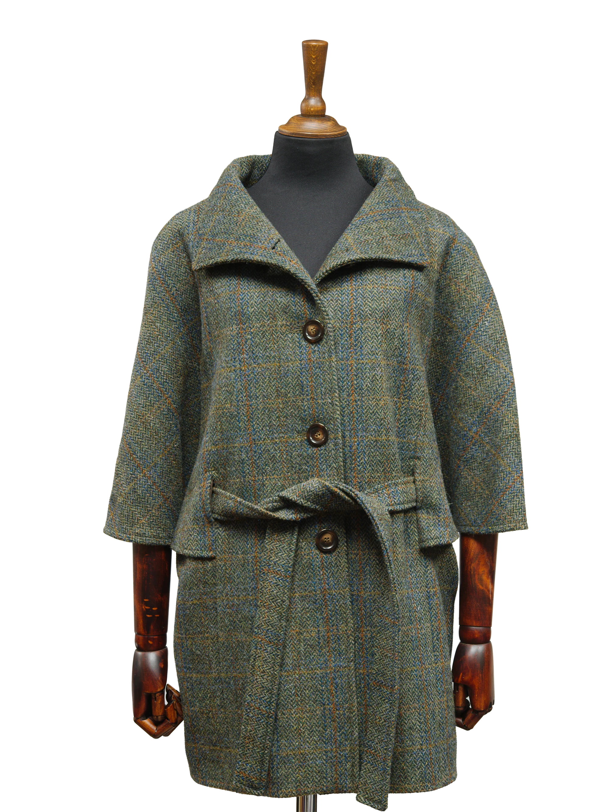 Harris Tweed Ladies Belted Cape - Green Herringbone w/Overcheck