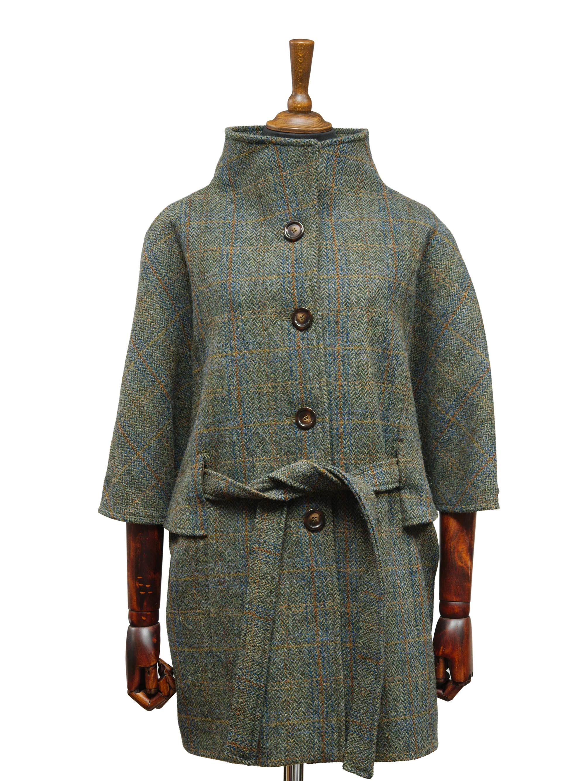 Harris Tweed Ladies Belted Cape - Green Herringbone w/Overcheck - Image 2