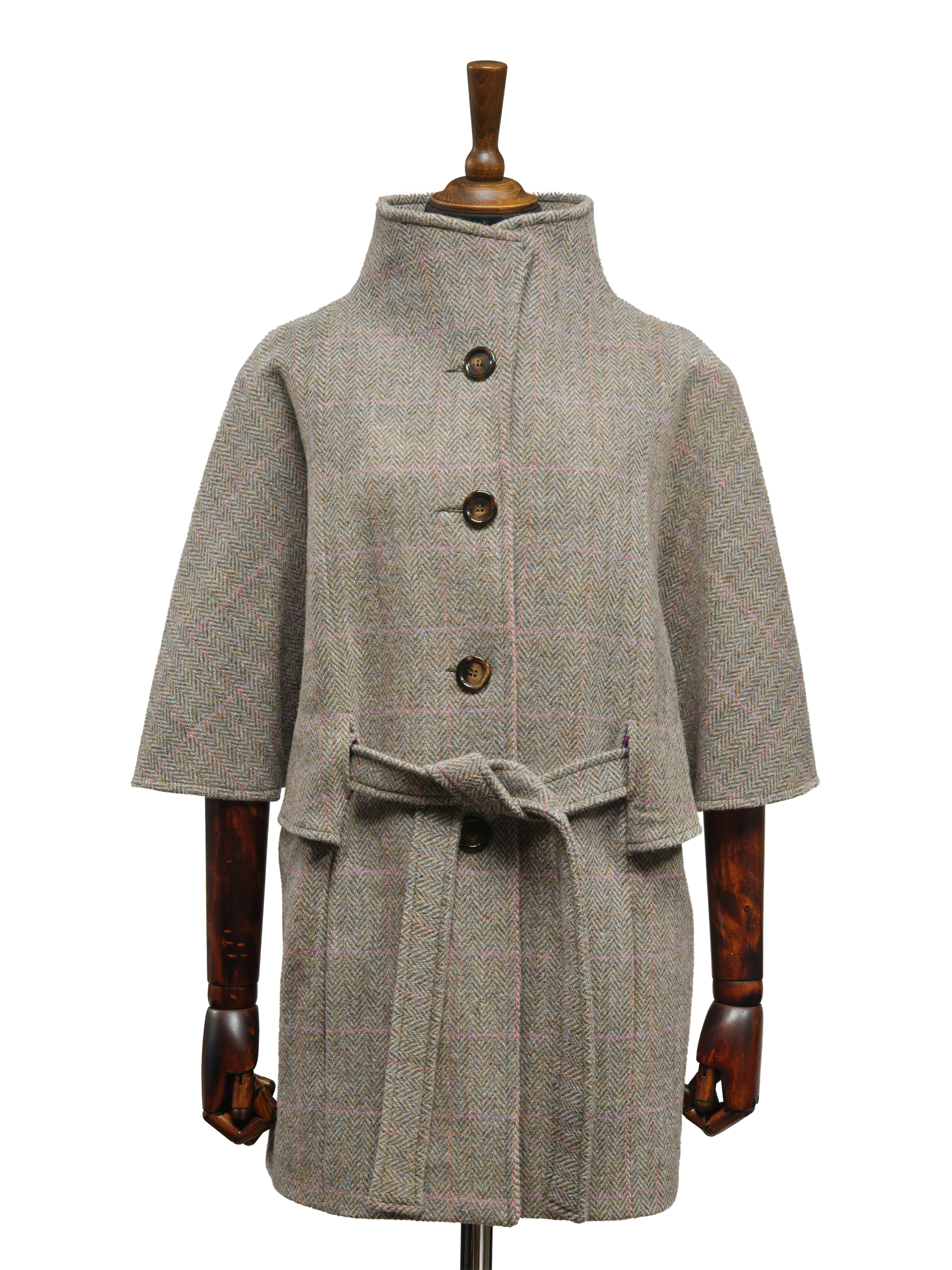 Harris Tweed Ladies Belted Cape - Oatmeal Herringbone w/Pink OC - Image 2