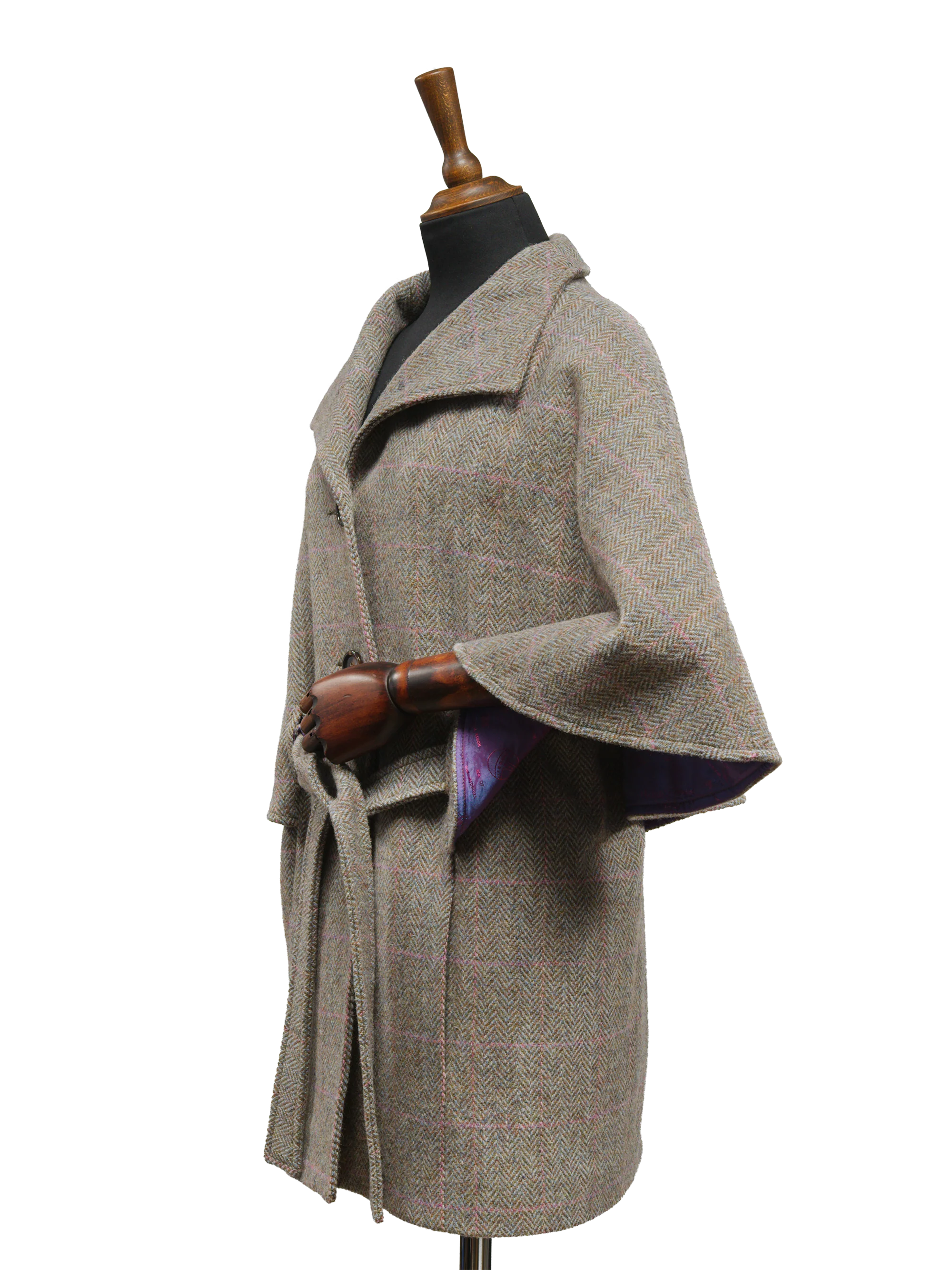 Harris Tweed Ladies Belted Cape - Oatmeal Herringbone w/Pink OC - Image 3