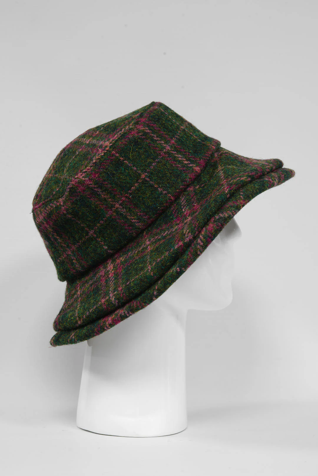 Harris Tweed Ladies Brimmed Hat - Green/Plum Check