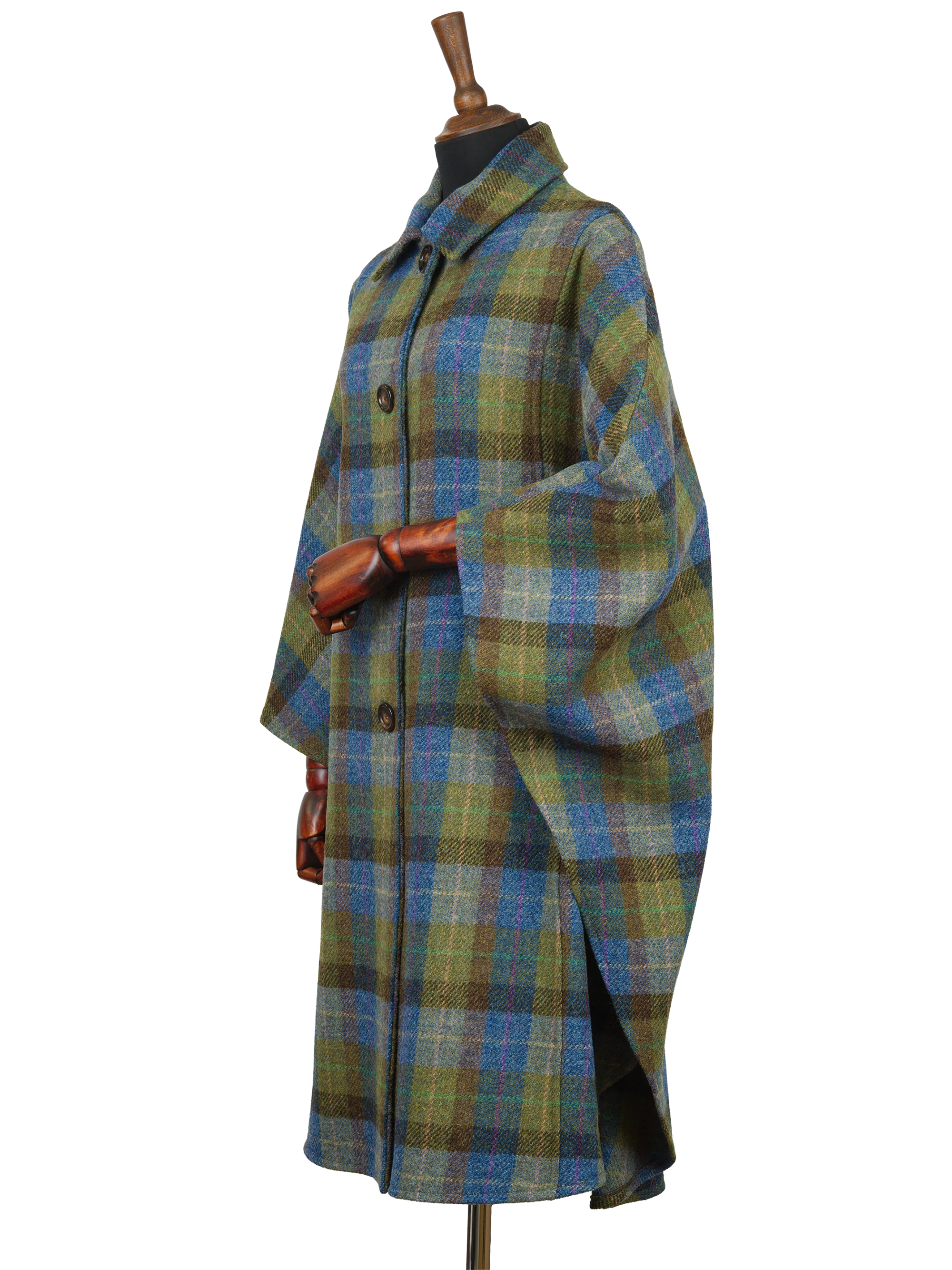 Harris Tweed Ladies Buttoned Long Cape - Denim Sage - Image 2