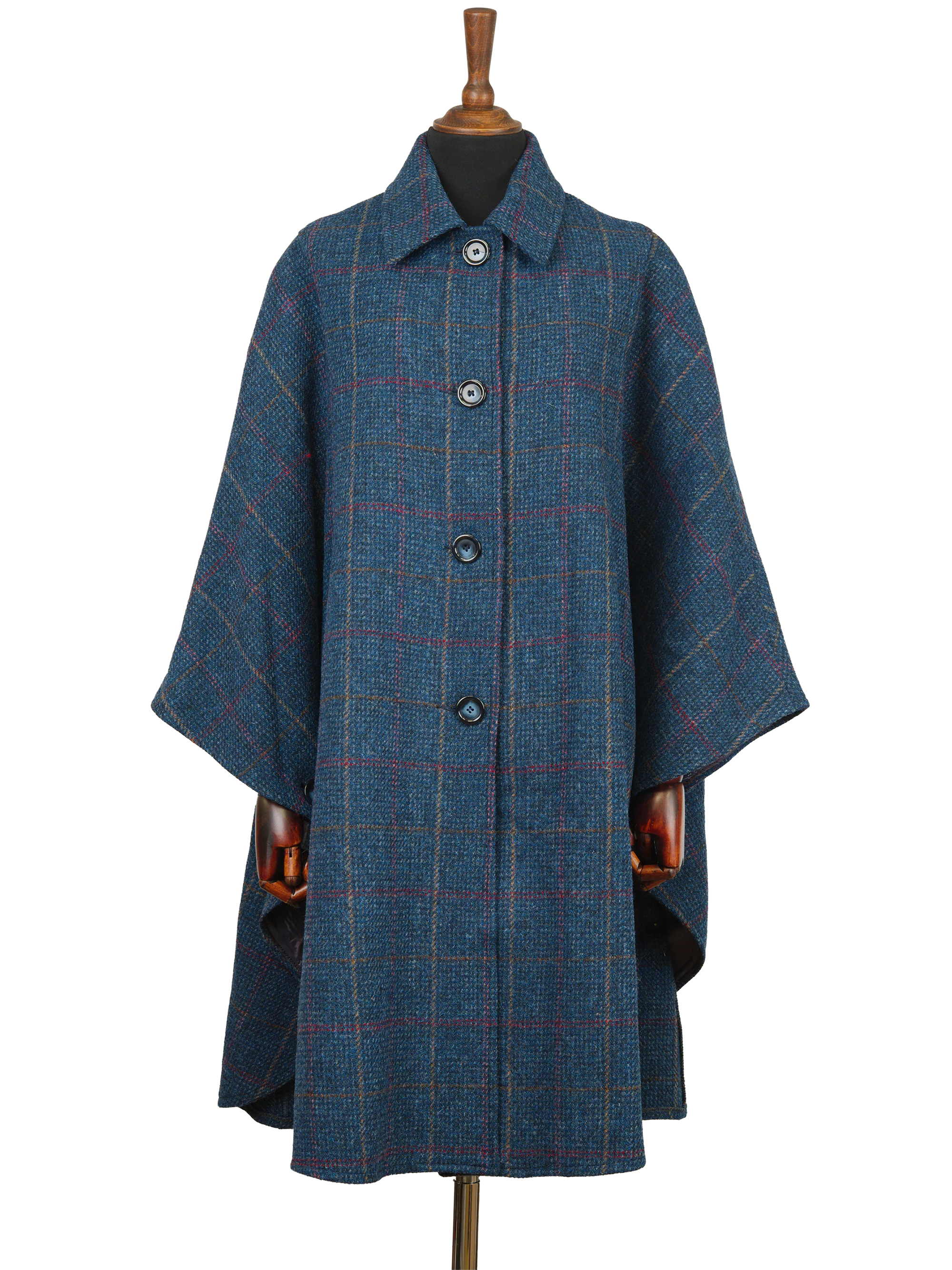 Harris Tweed Ladies Buttoned Long Cape - Ocean