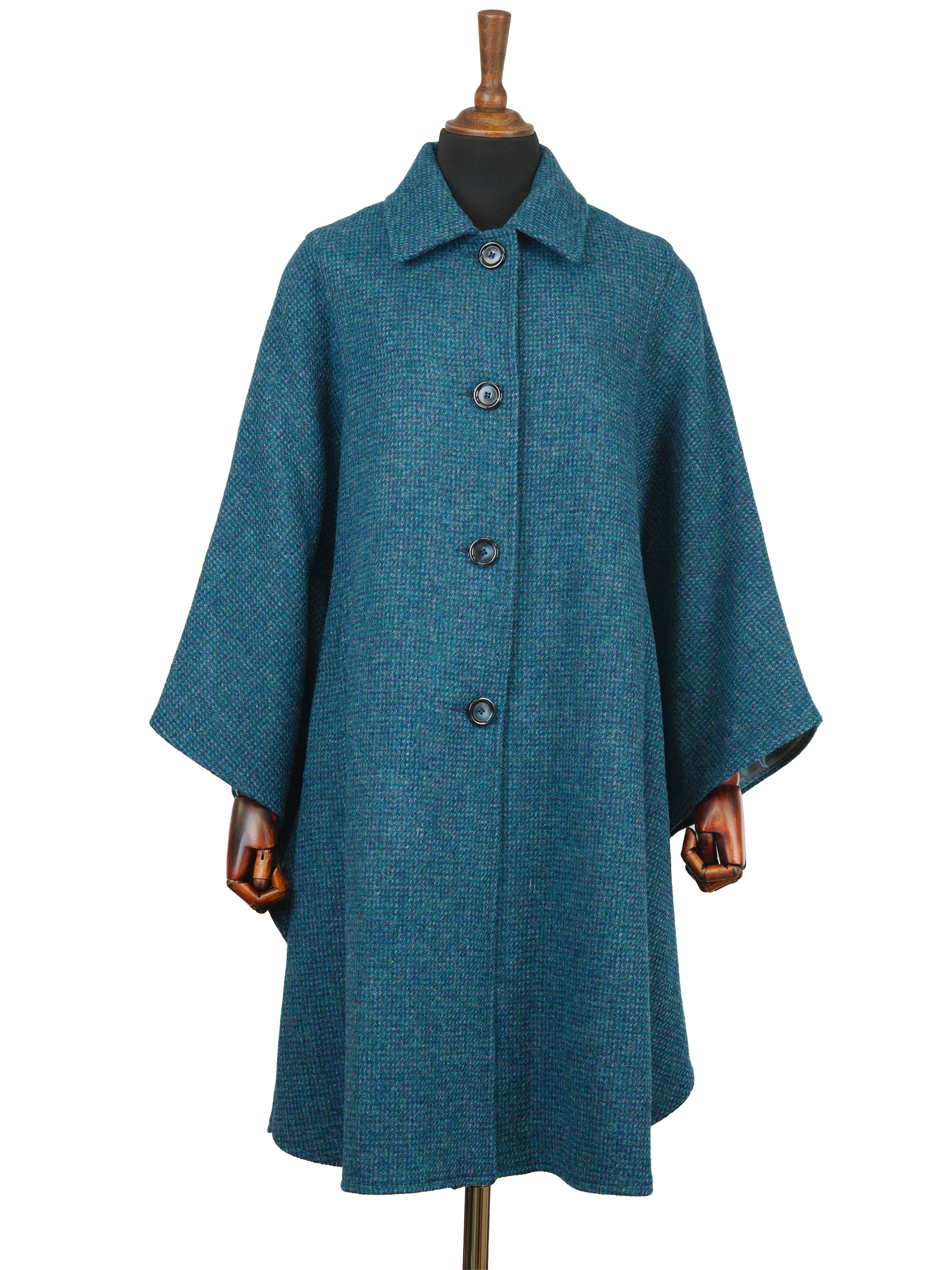 Harris Tweed Ladies Buttoned Long Cape - Teal