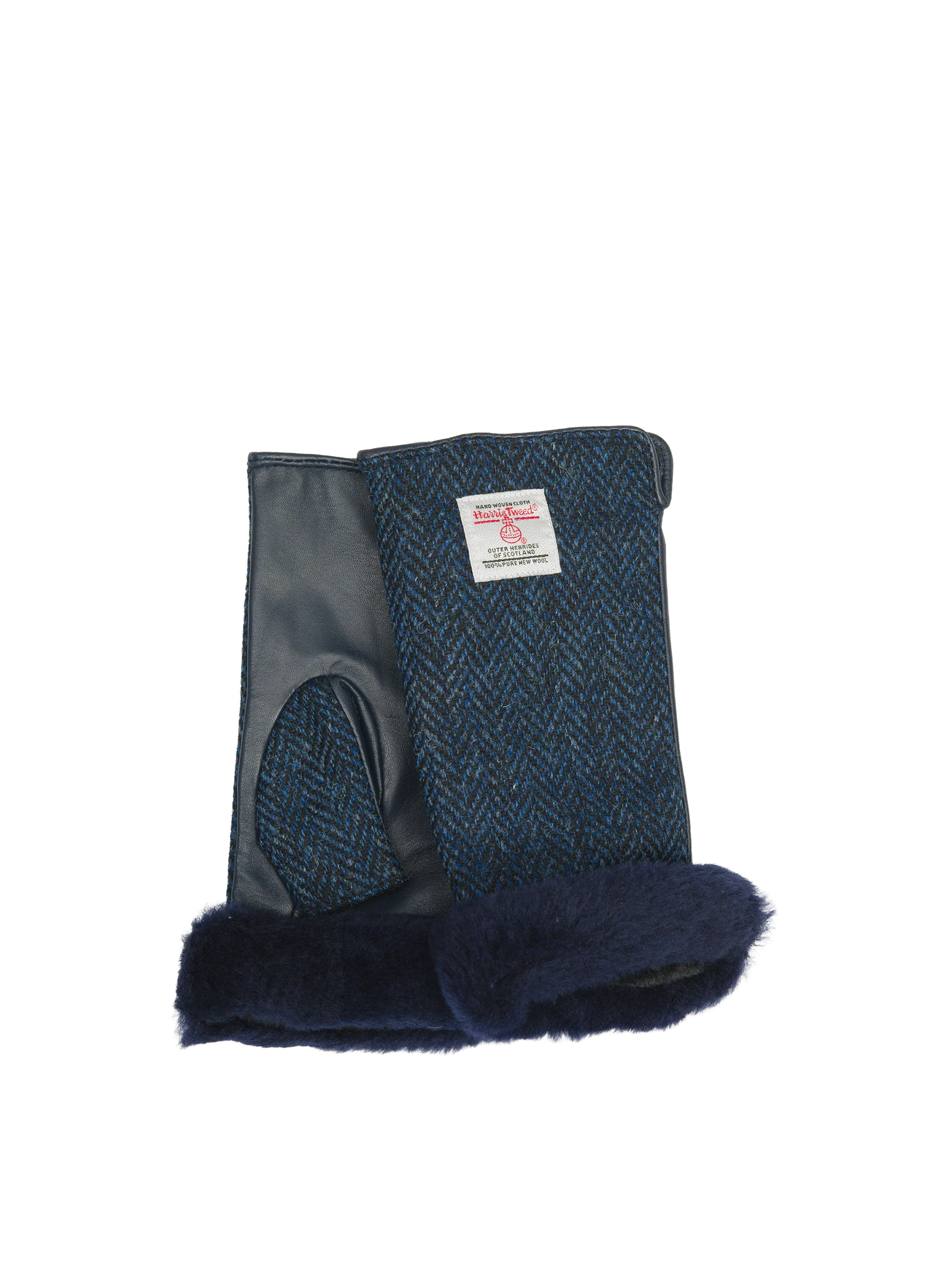 Harris Tweed Ladies Fur Mittens - Navy Herringbone (ISL)