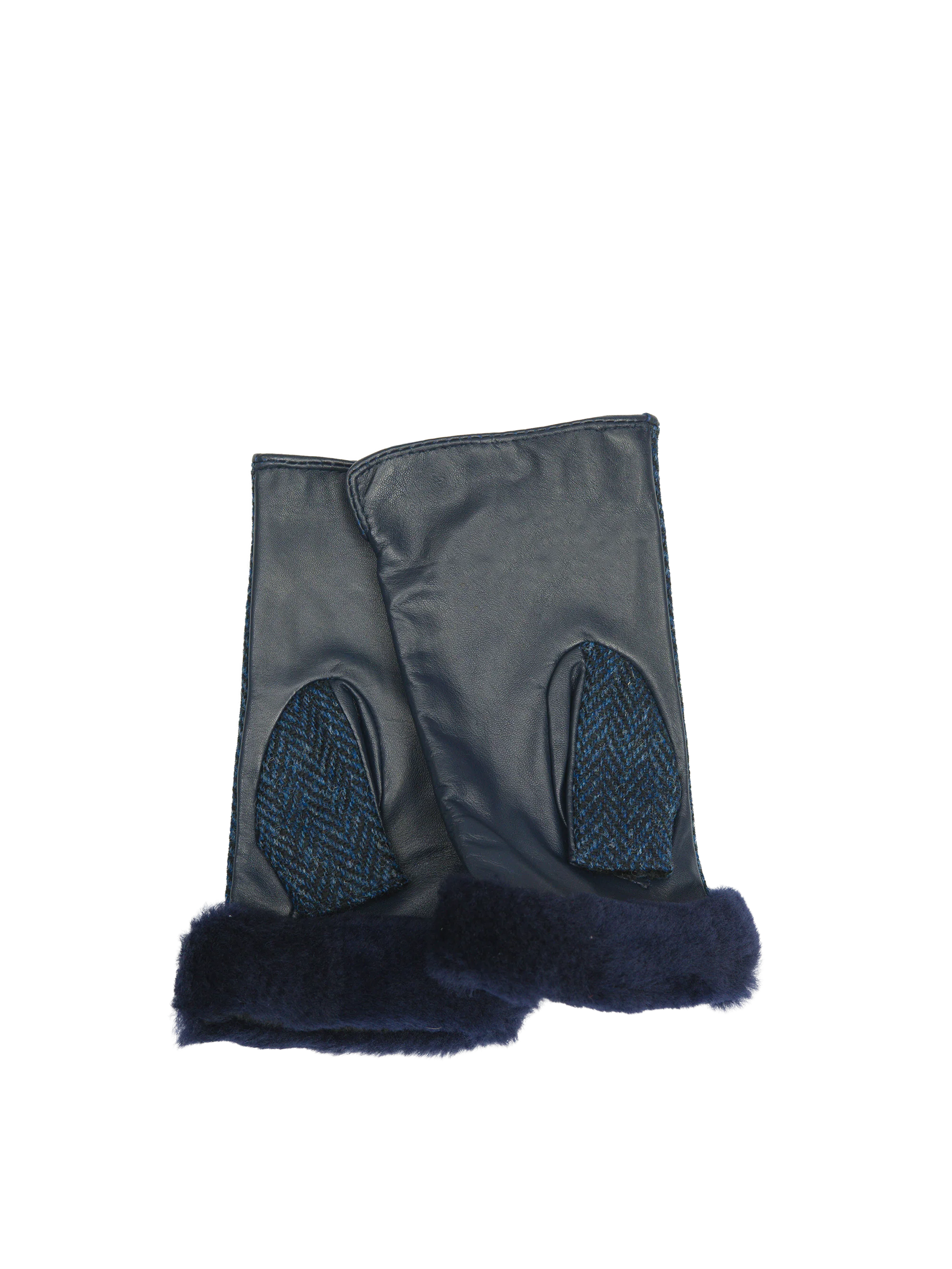 Harris Tweed Ladies Fur Mittens - Navy Herringbone (ISL) - Image 2