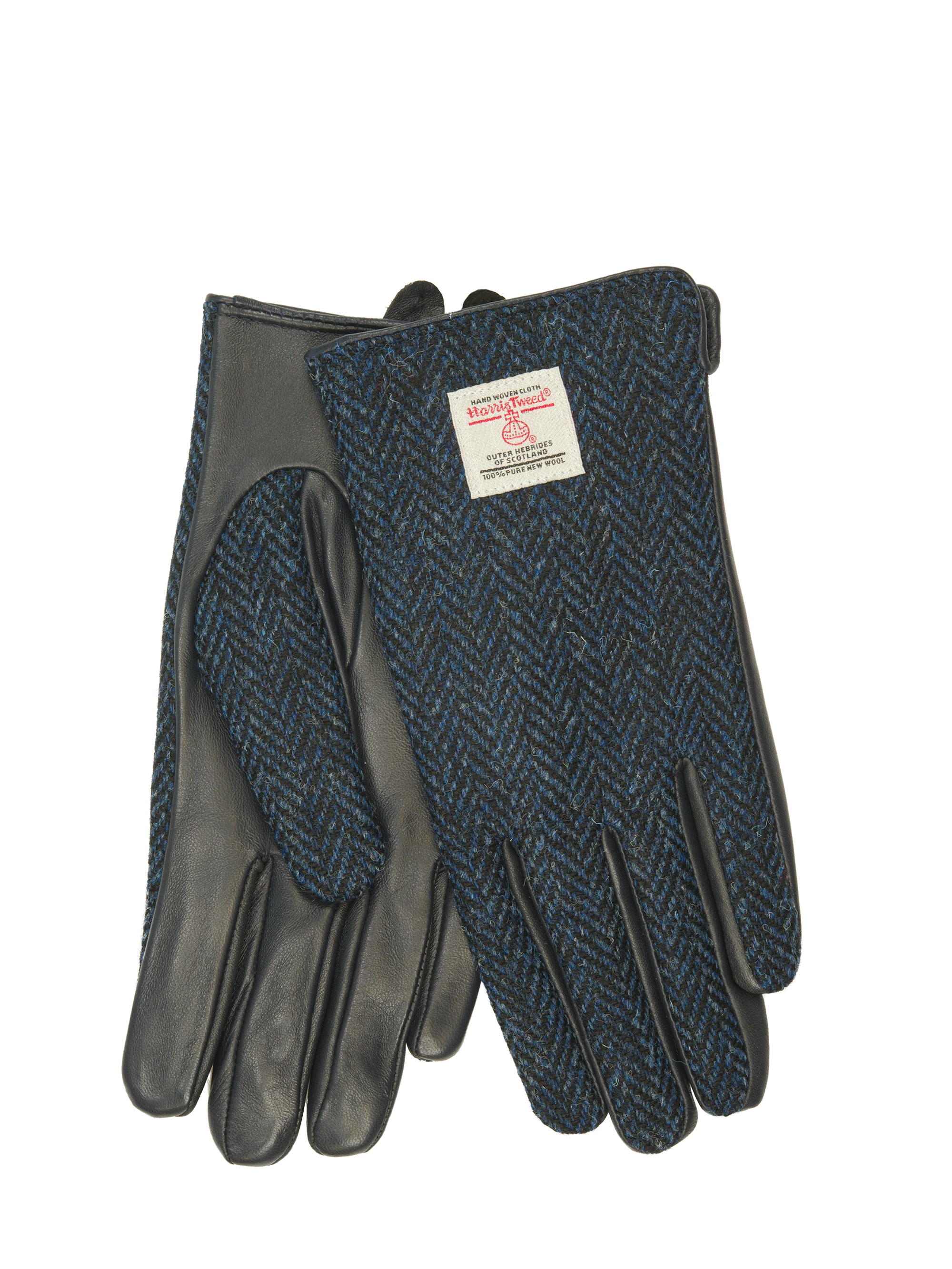 Harris Tweed Ladies Gloves - Navy Herringbone (Black Leather) (ISL)
