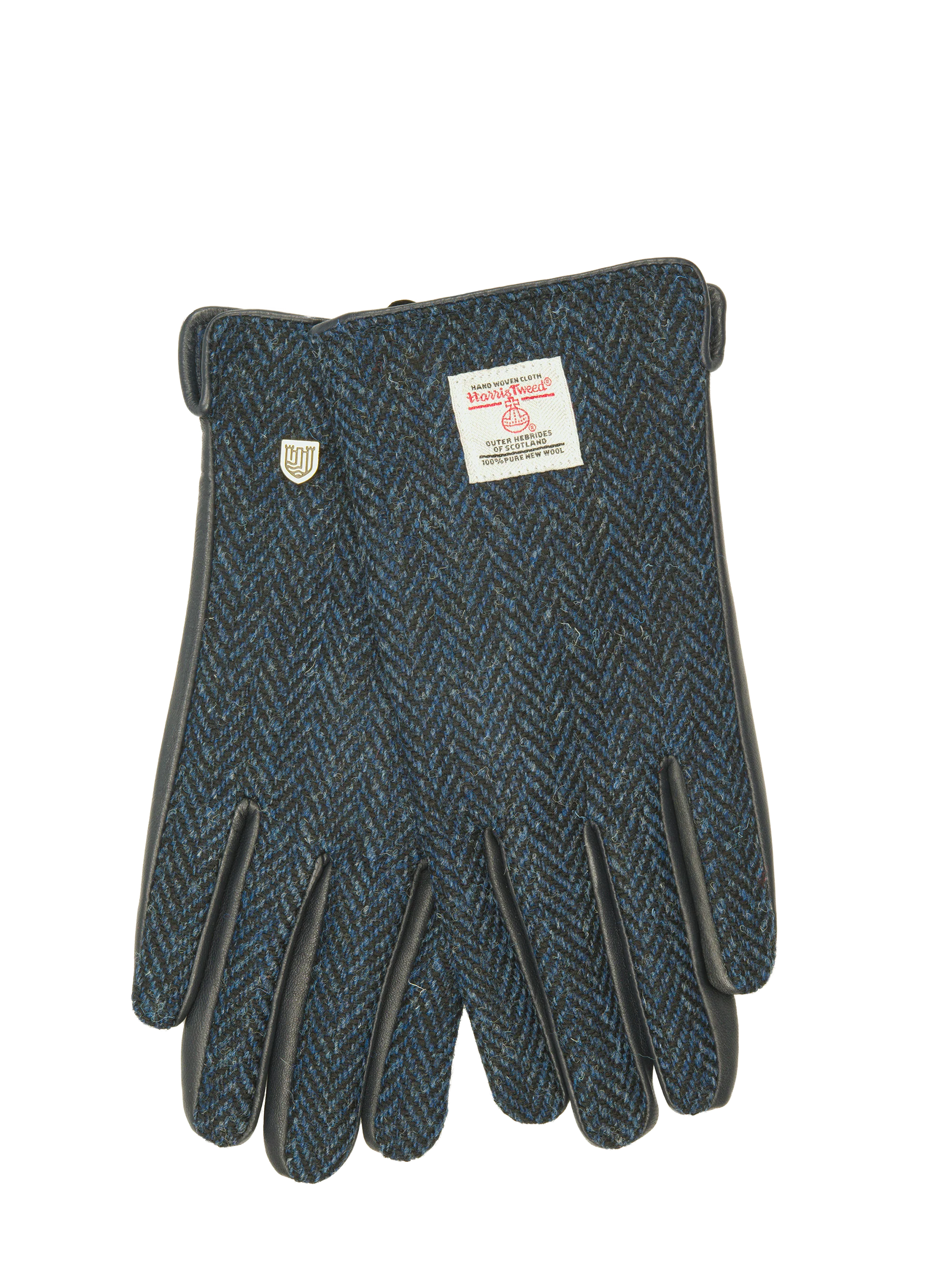 Harris Tweed Ladies Gloves - Navy Herringbone (Black Leather) (ISL) - Image 2