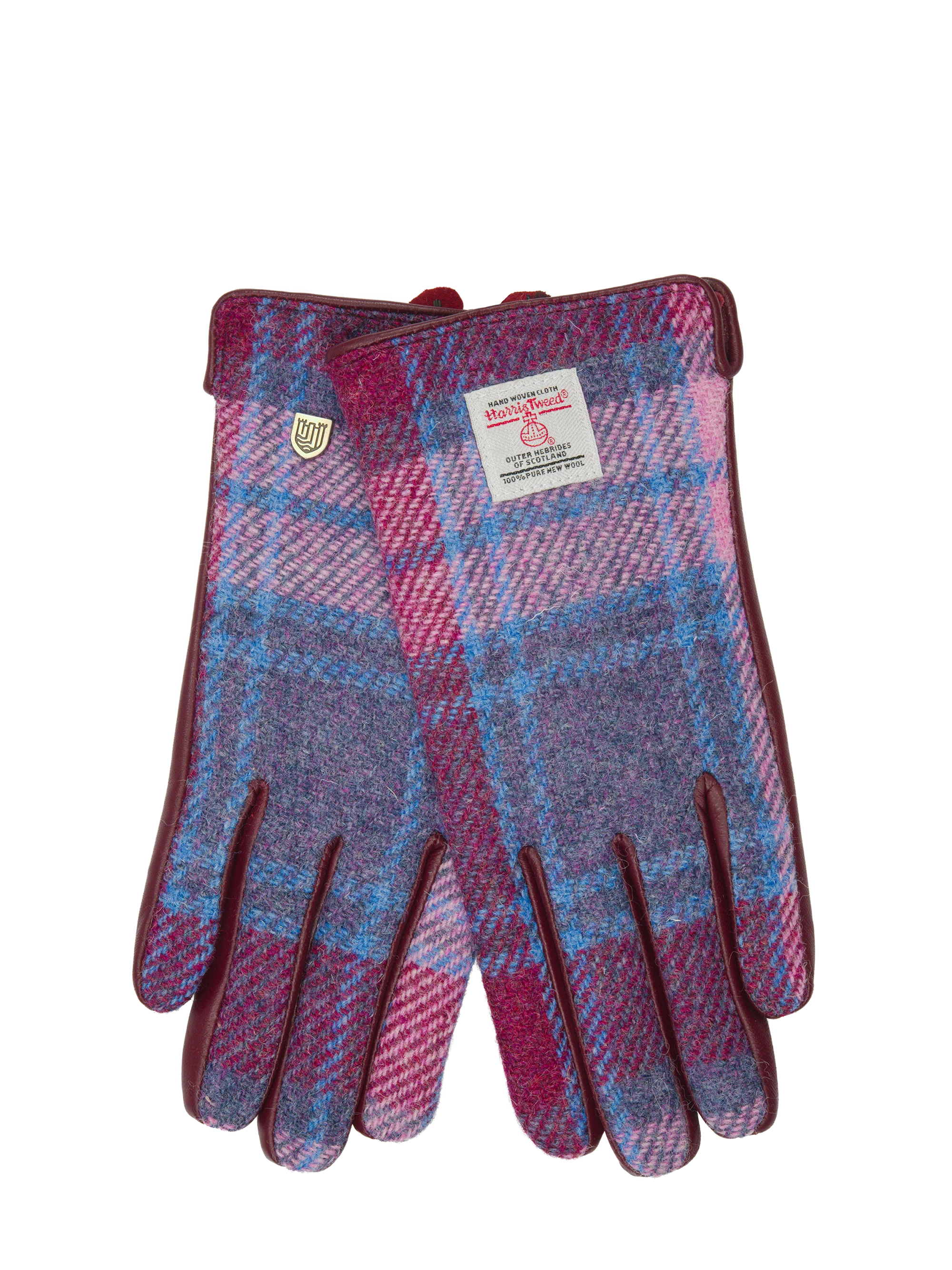 Harris Tweed Ladies Gloves - Pink Blue Check (Burgundy Leather) (ISL) - Image 2