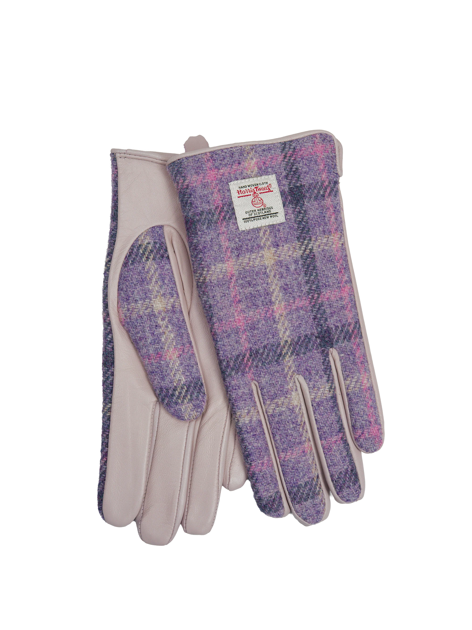 Harris Tweed Ladies Gloves - Purple Tartan (Pale Pink Leather) (ISL)