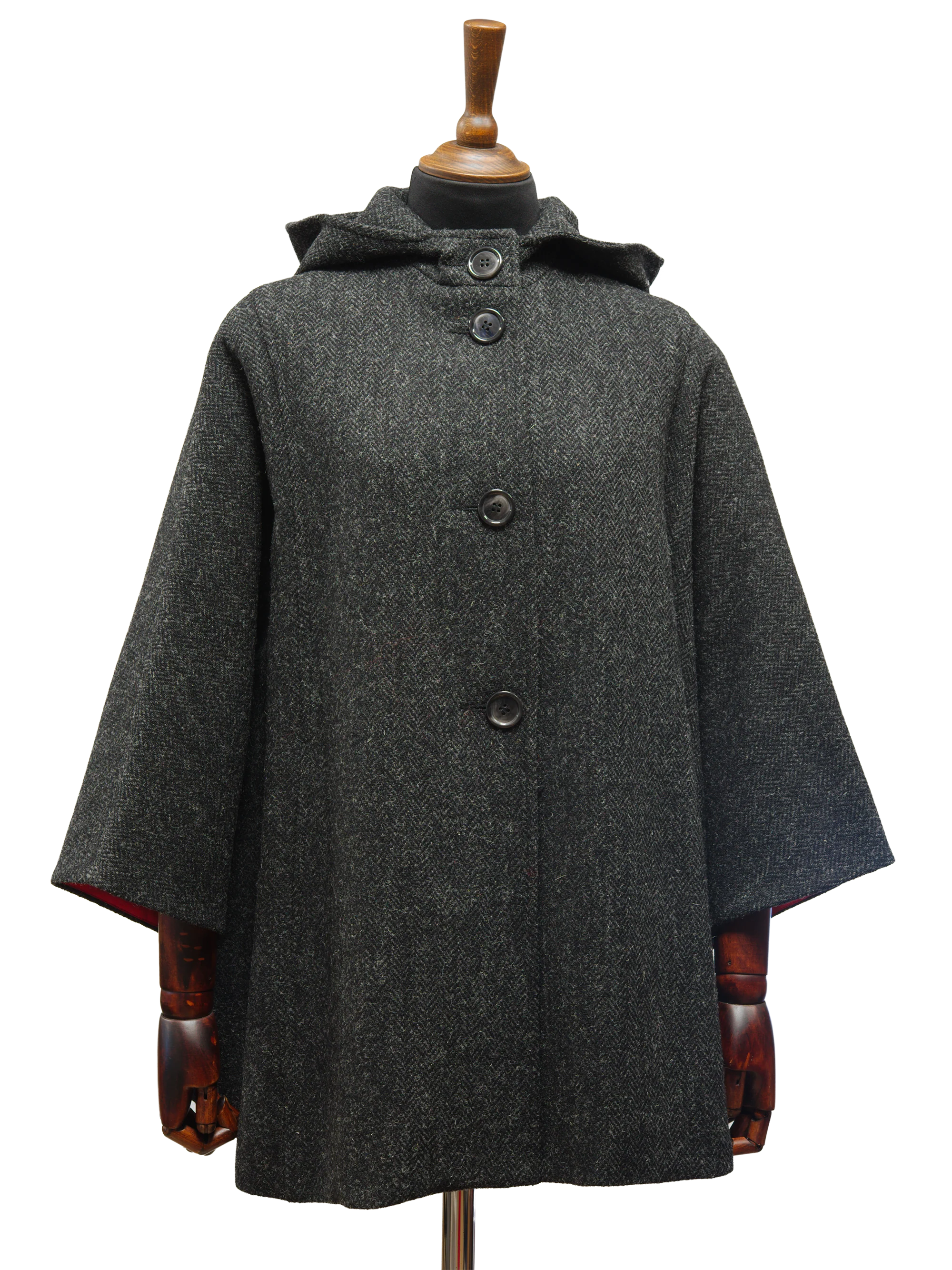 Harris Tweed Ladies Hooded Cape - Dark Charcoal Herringbone - Image 2