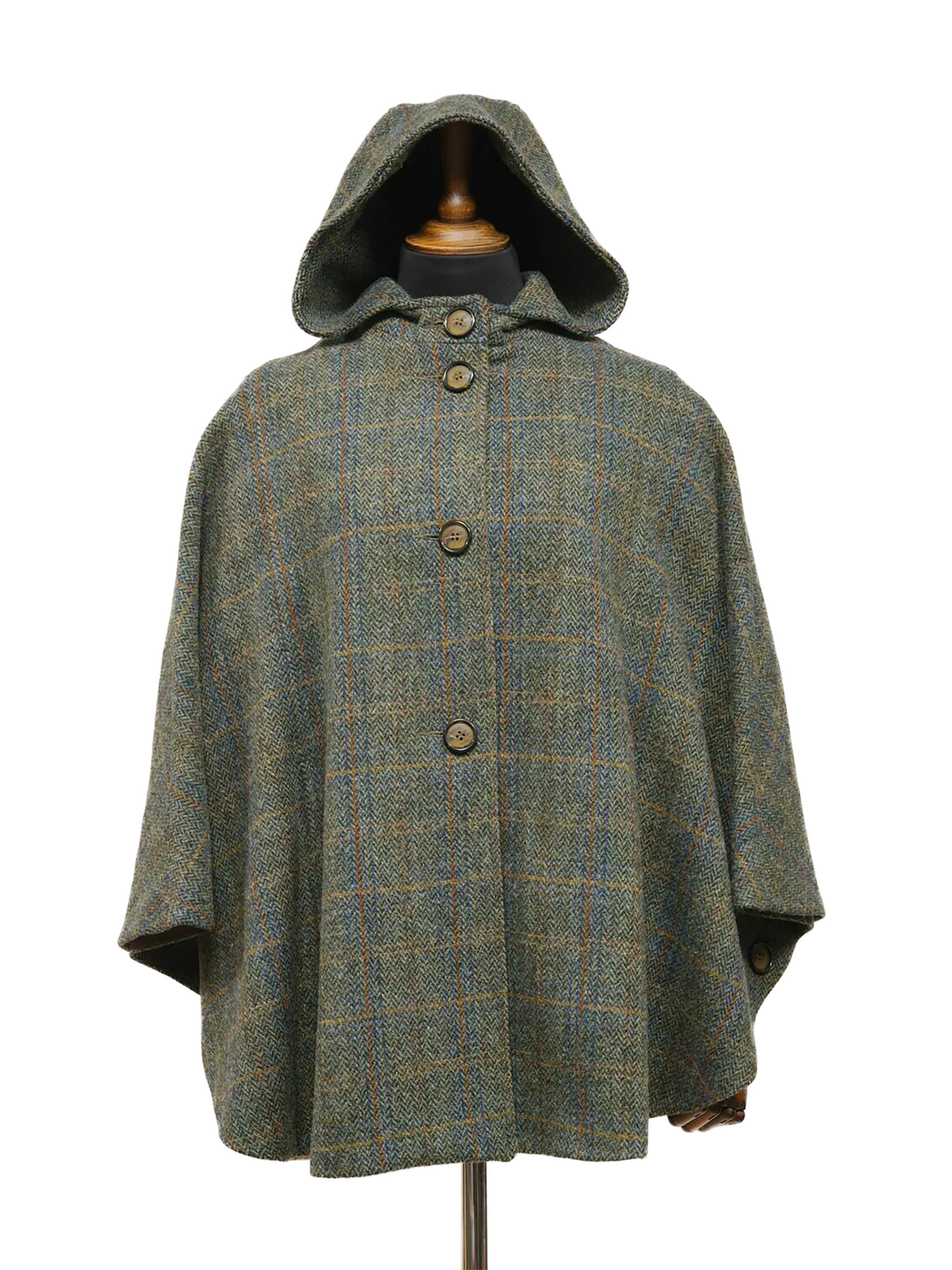 Harris Tweed Ladies Hooded Cape - Green Herringbone With Overcheck