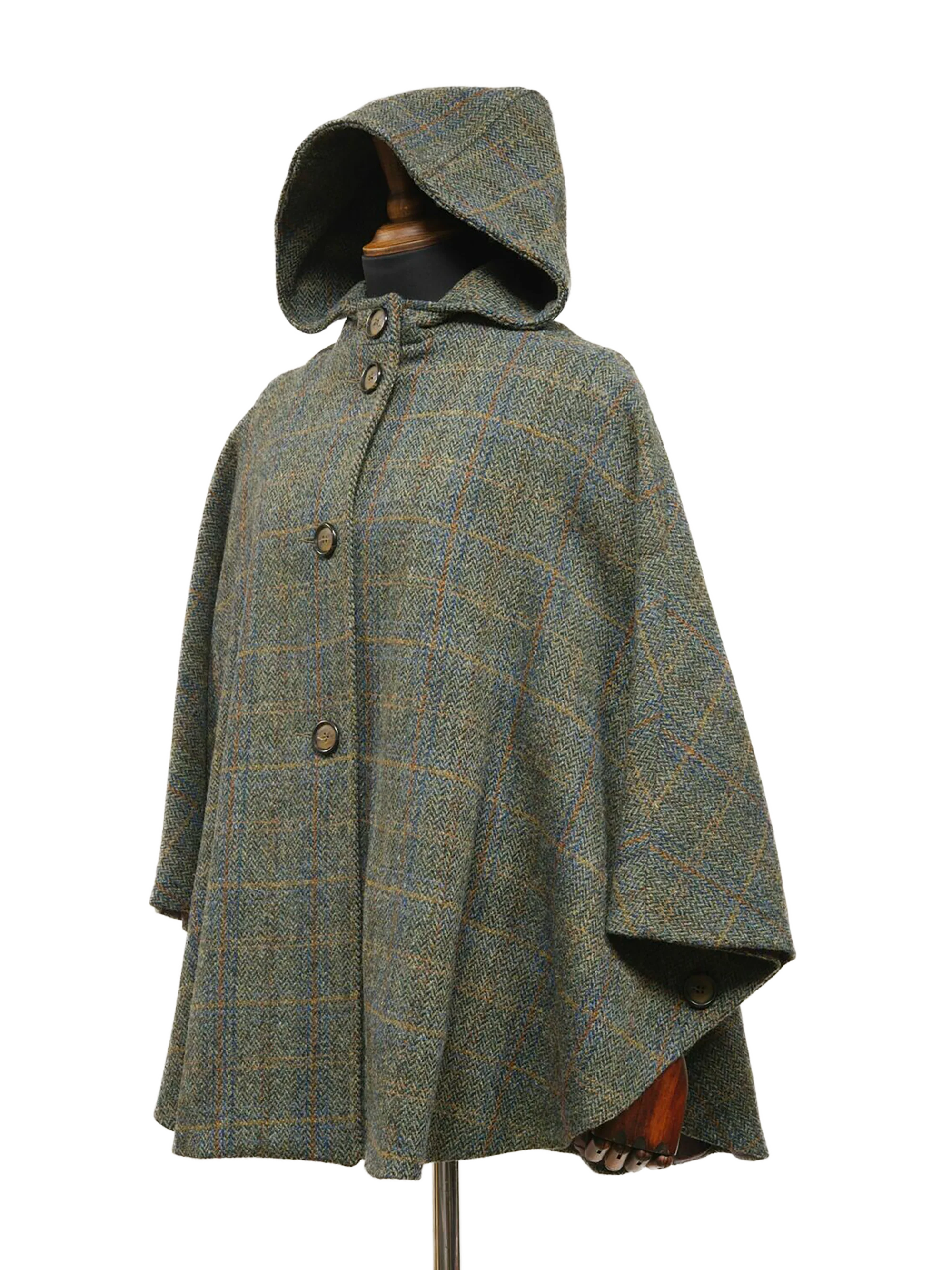 Harris Tweed Ladies Hooded Cape - Green Herringbone With Overcheck - Image 2