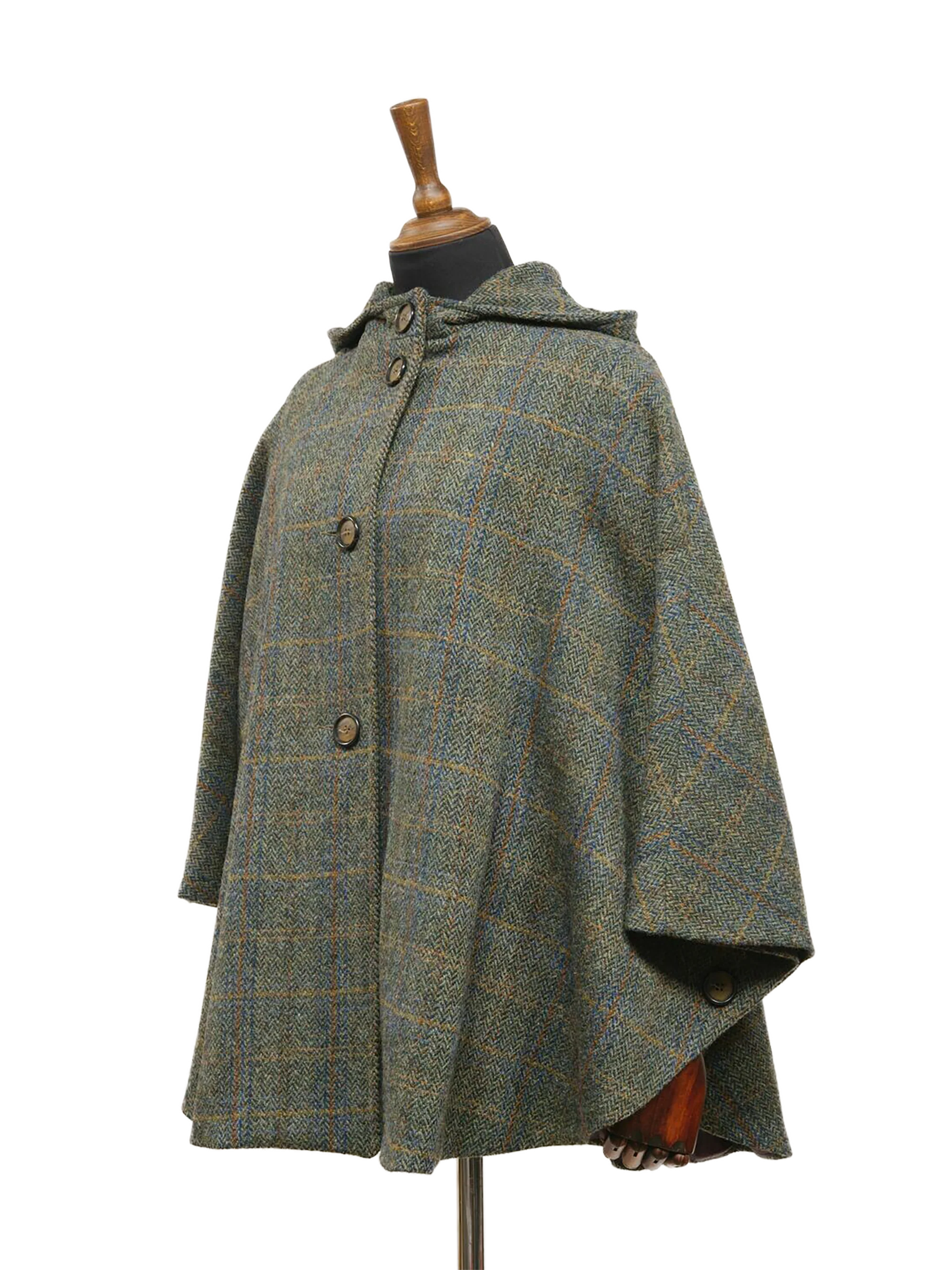 Harris Tweed Ladies Hooded Cape - Green Herringbone With Overcheck - Image 4
