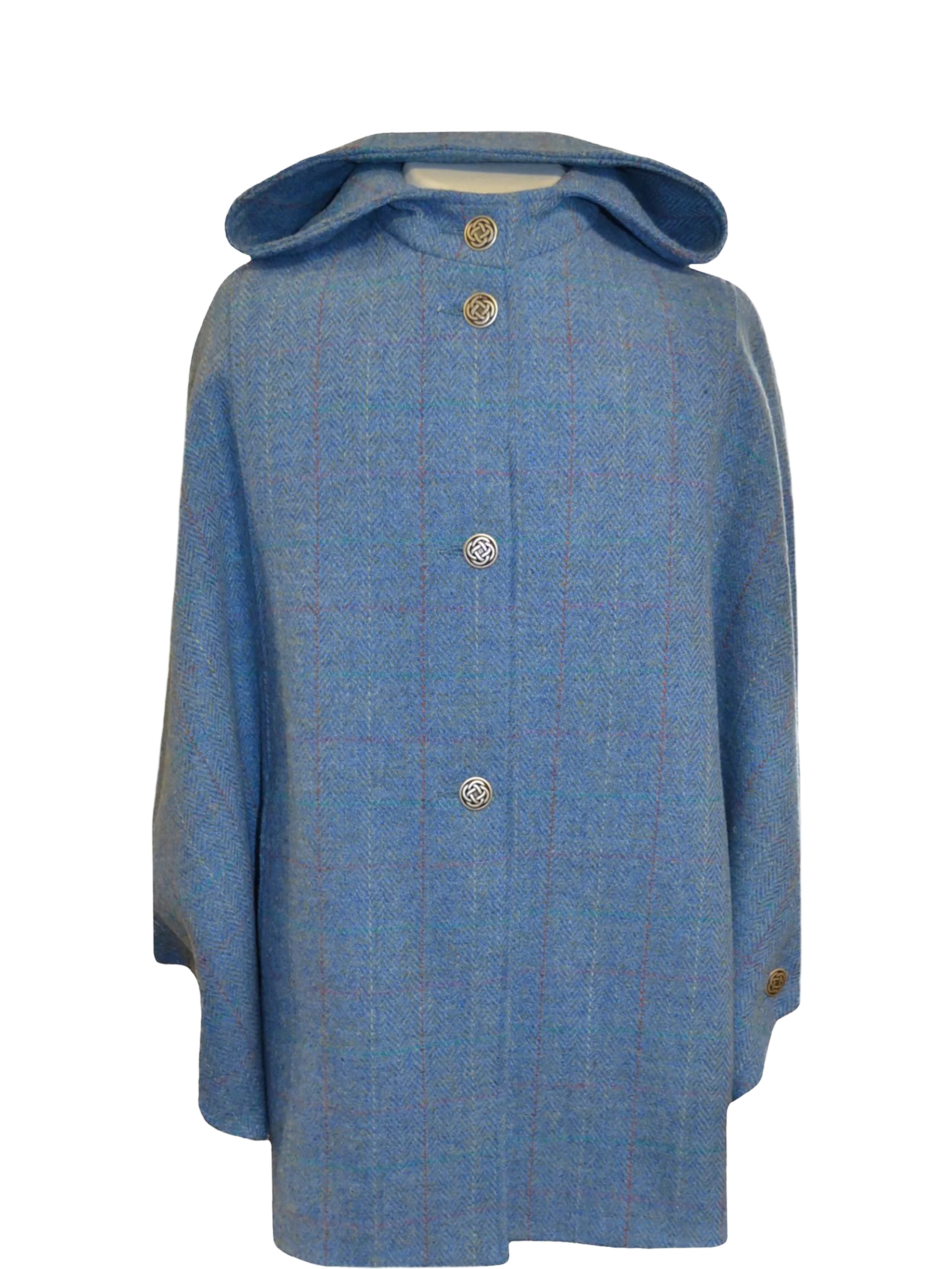 Harris Tweed Ladies Hooded Cape - Sky Windowpane (Celtic Buttons)