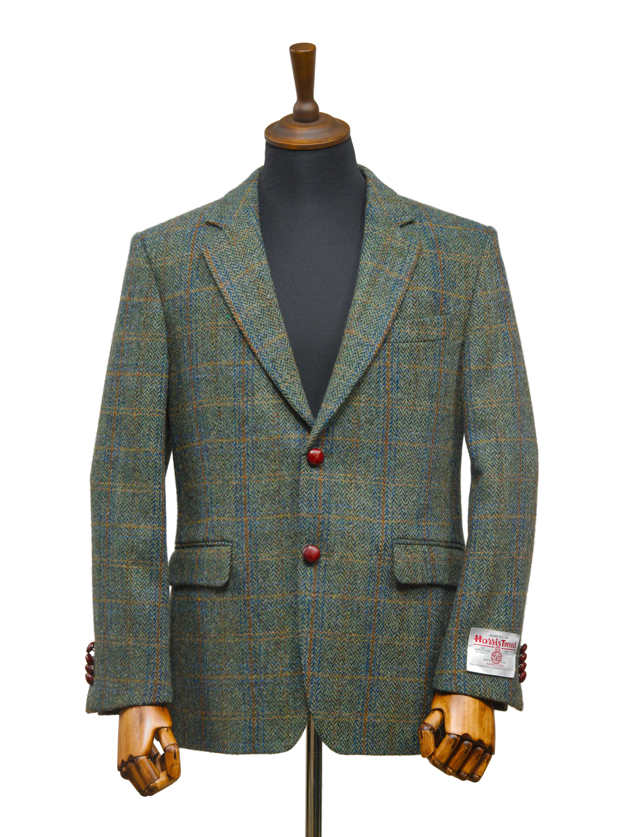 Harris Tweed Mens Jacket - Green Herringbone With Overcheck