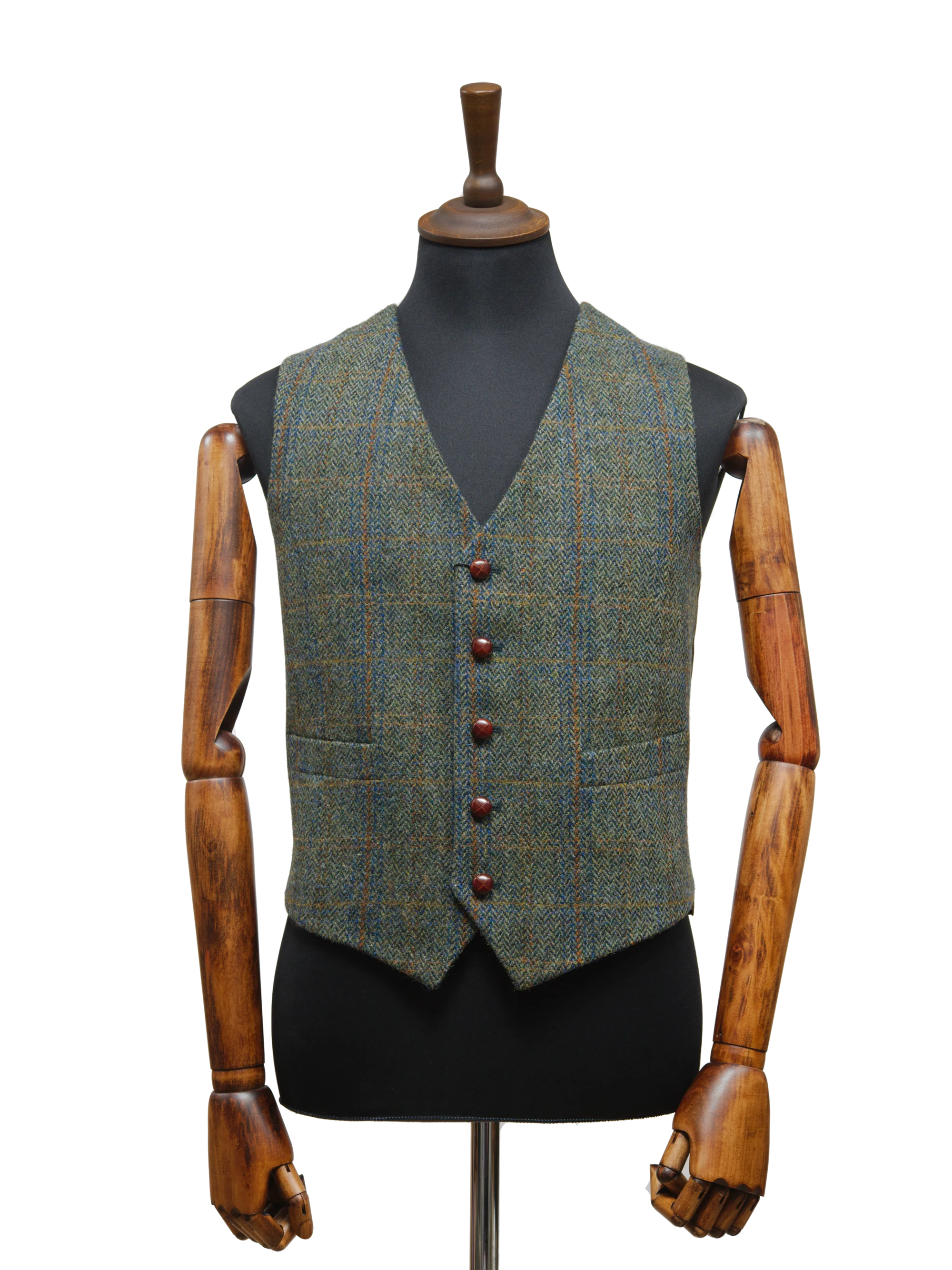 Harris Tweed Mens Waistcoat - Green Herringbone With Overcheck