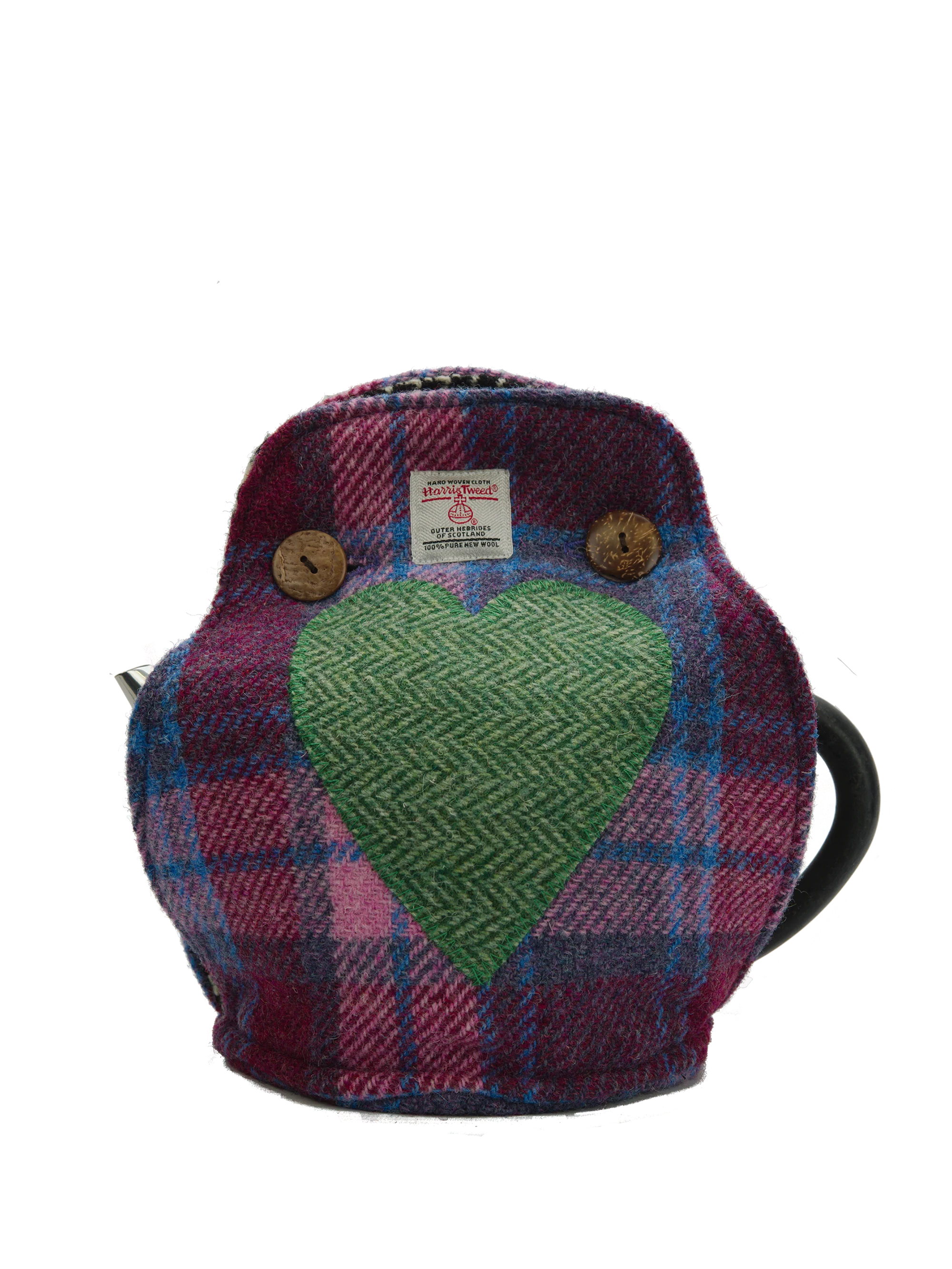 Harris Tweed Tea Cosy - Lilac Pink Check Heart (Green HB)