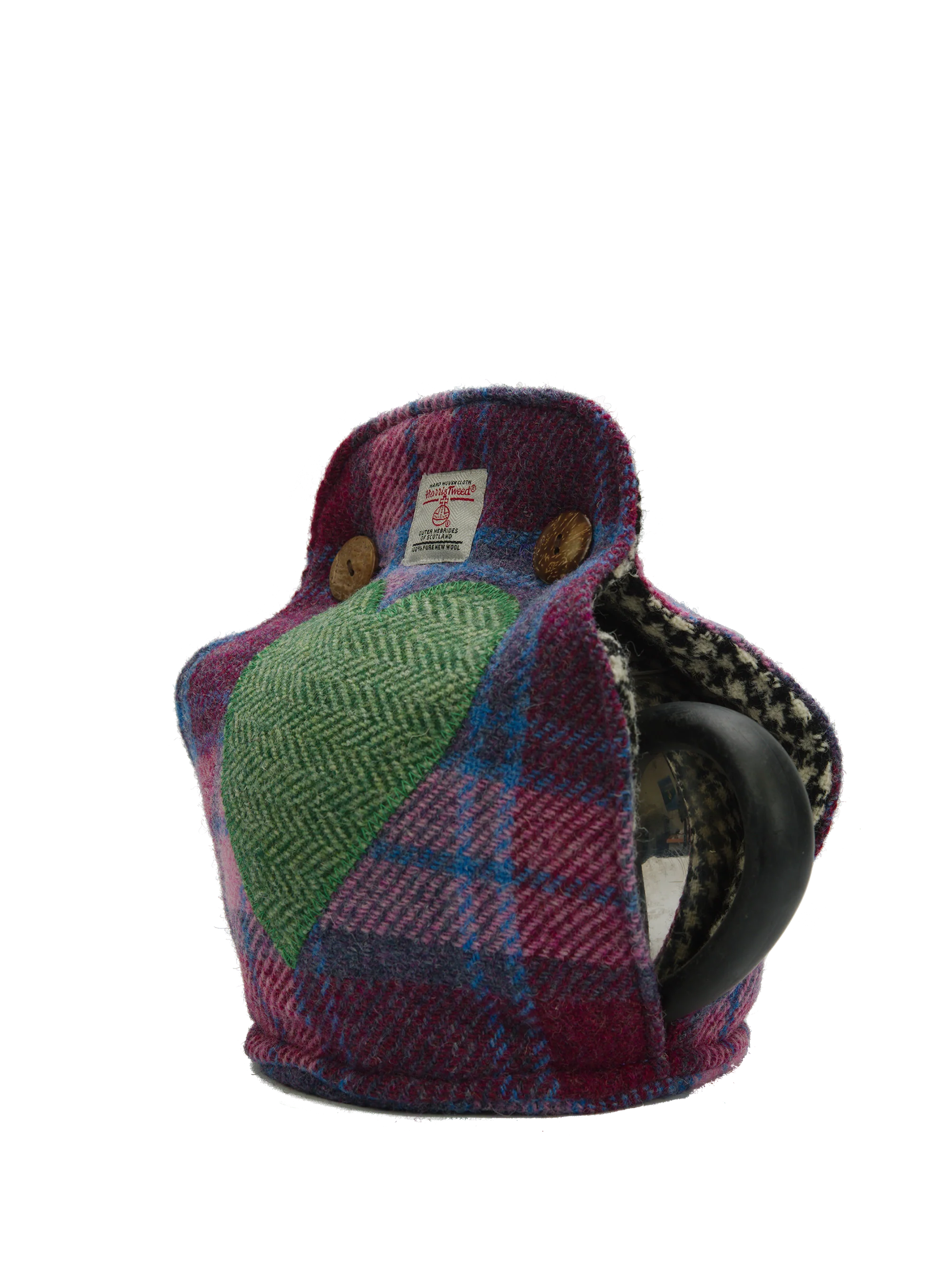 Harris Tweed Tea Cosy - Lilac Pink Check Heart (Green HB) - Image 2
