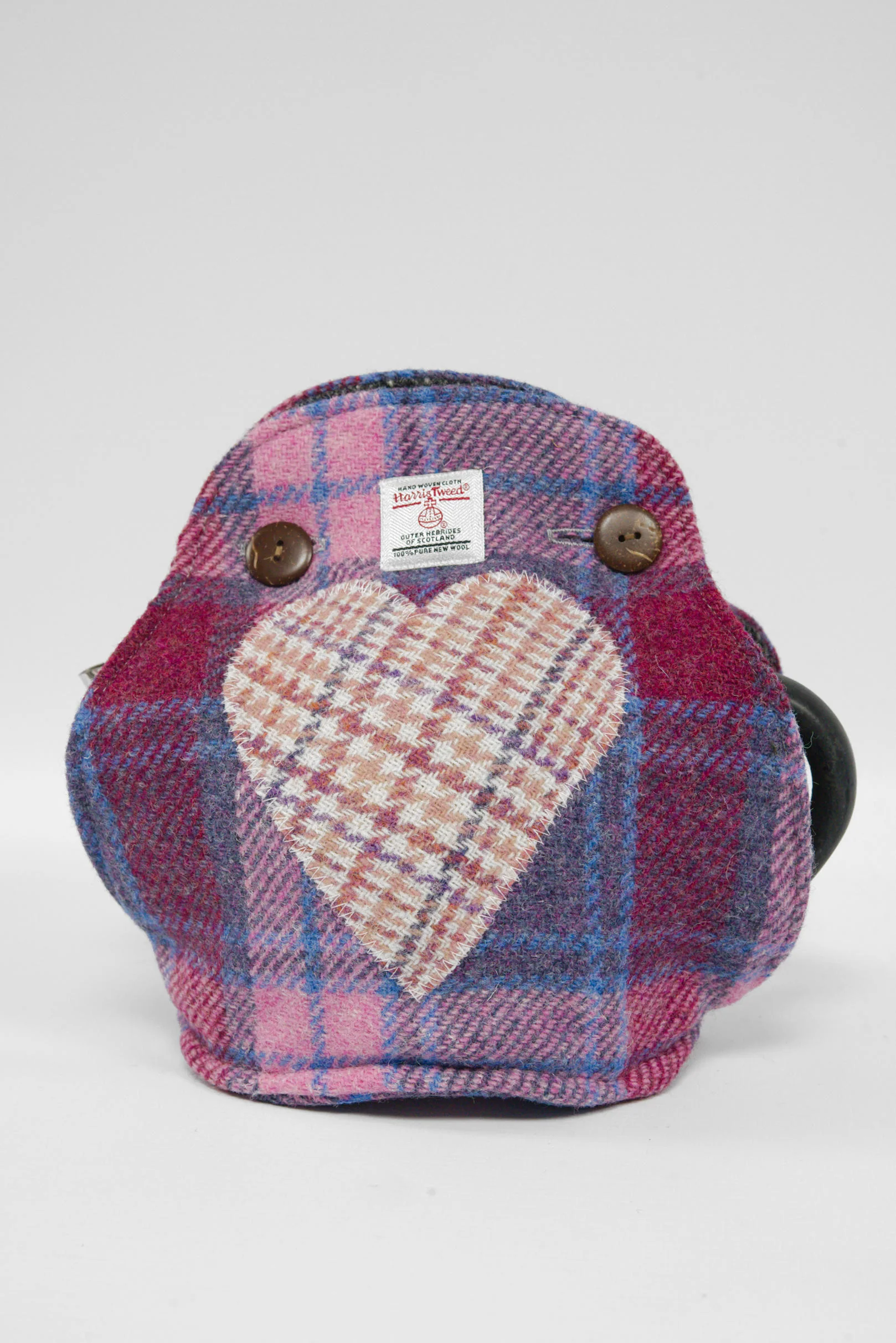 Harris Tweed Tea Cosy - Lilac Pink Check Heart (Green HB)