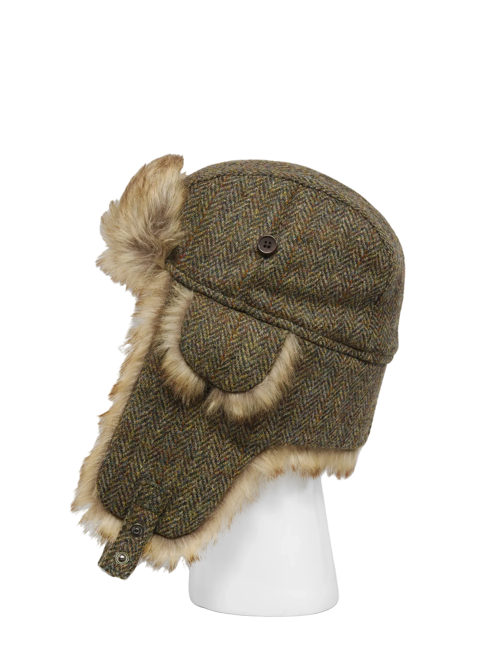 Harris Tweed Trapper Hat - Brown Herringbone w/Overcheck - Image 3