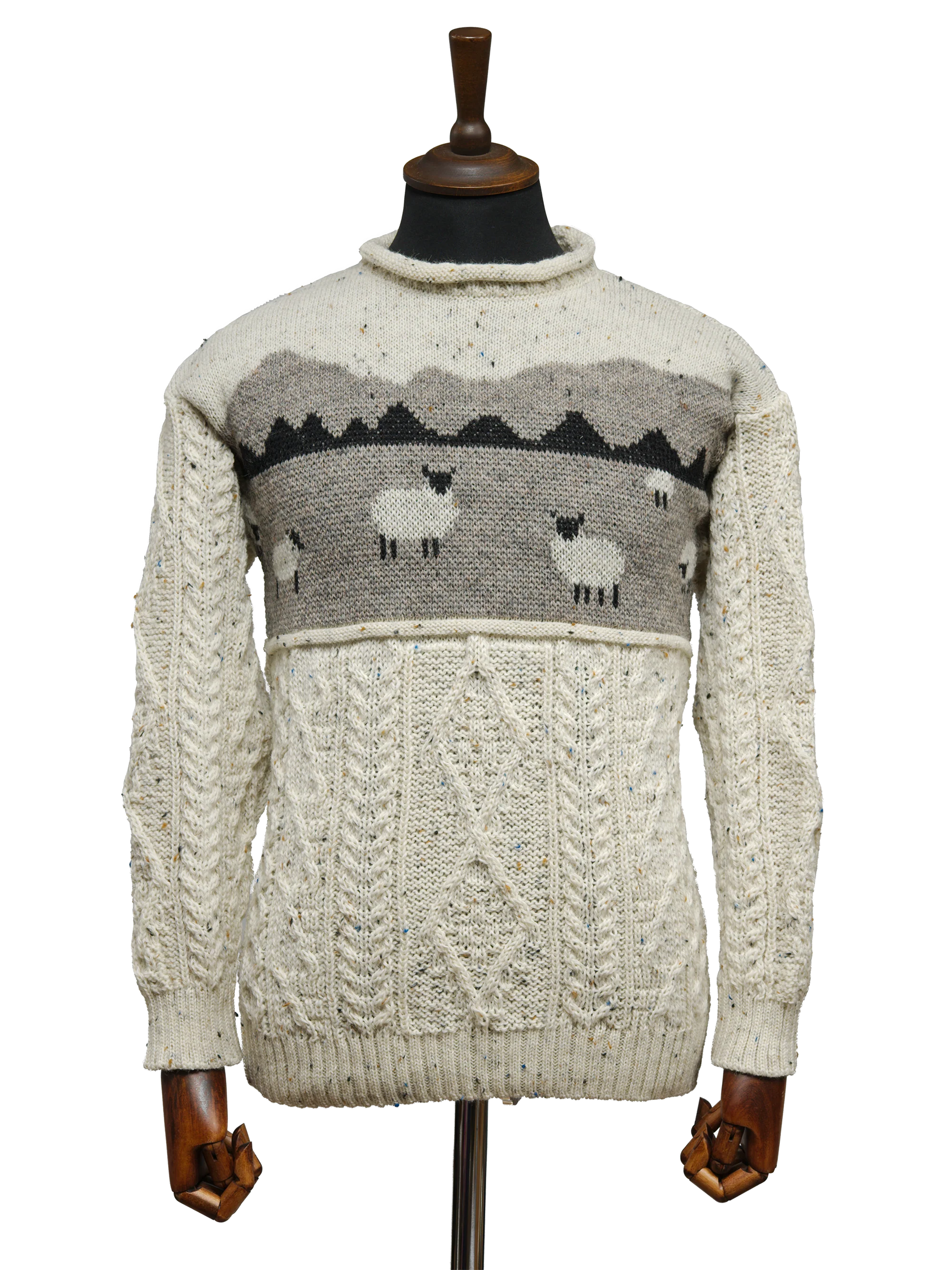Unisex Aran Crew Neck Jumper - Sheep Scene Speckle