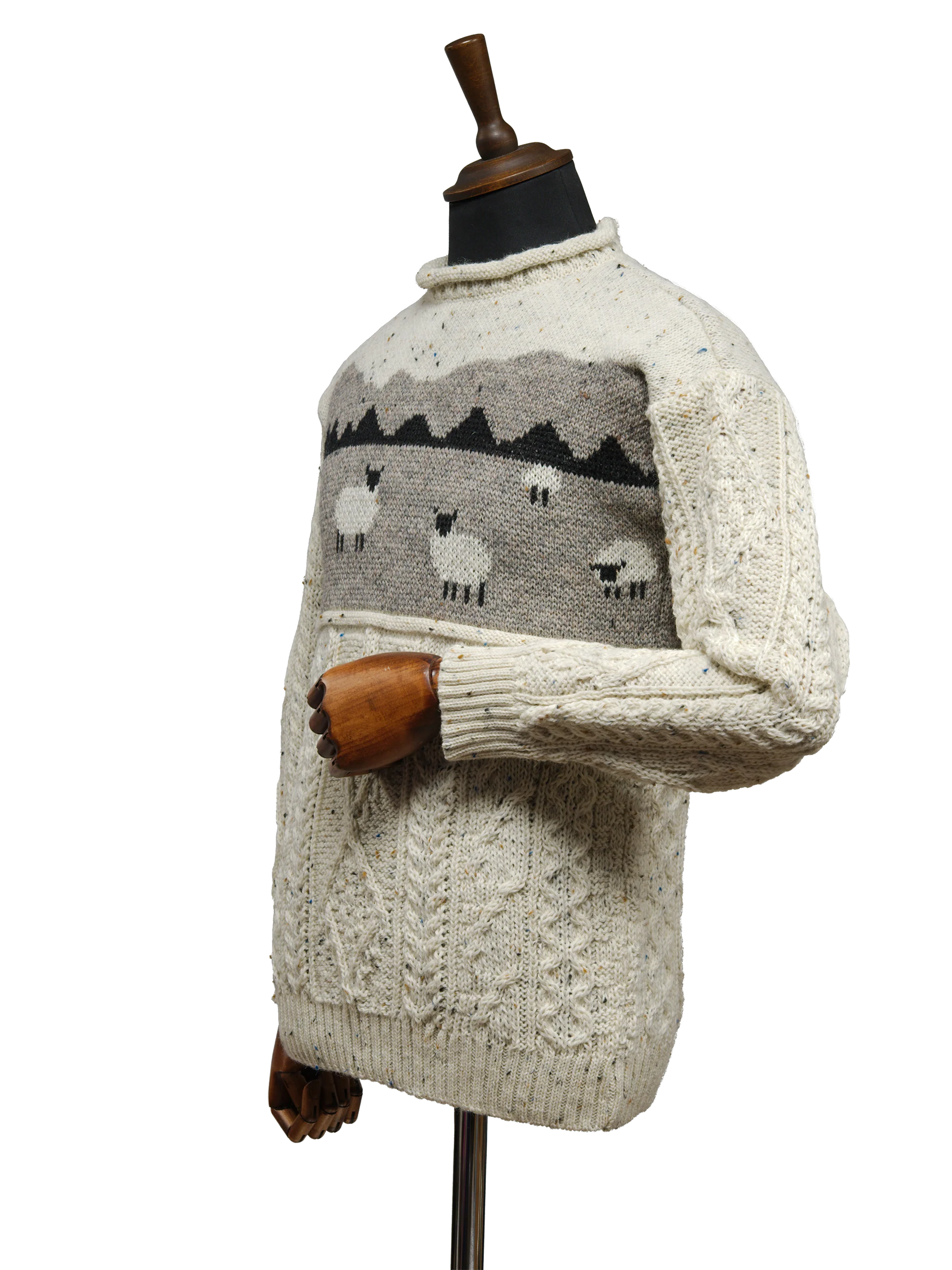 Unisex Aran Crew Neck Jumper - Sheep Scene Speckle - Image 2