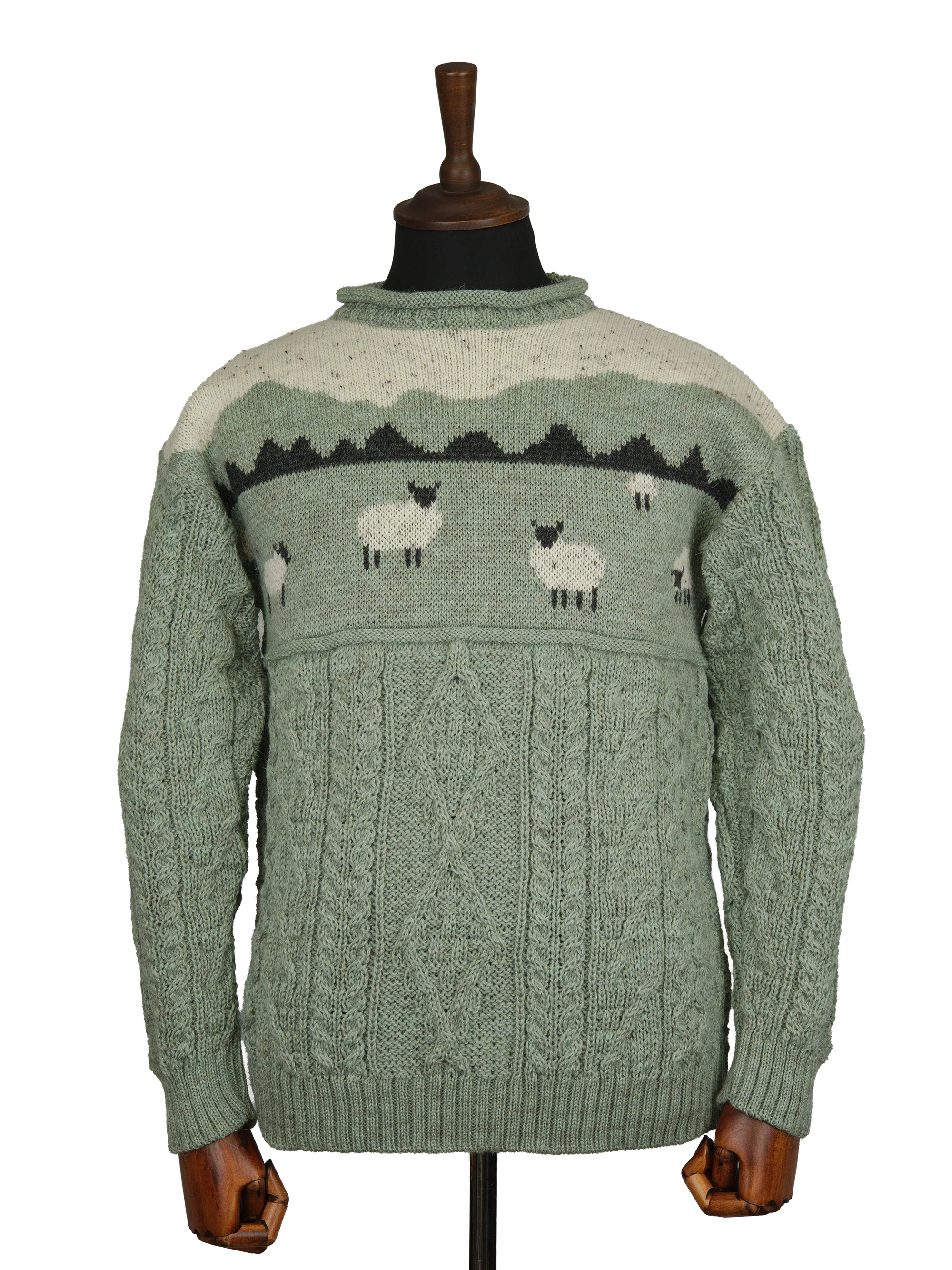 Unisex Aran Crew Neck Jumper - Sheep Scene Sage
