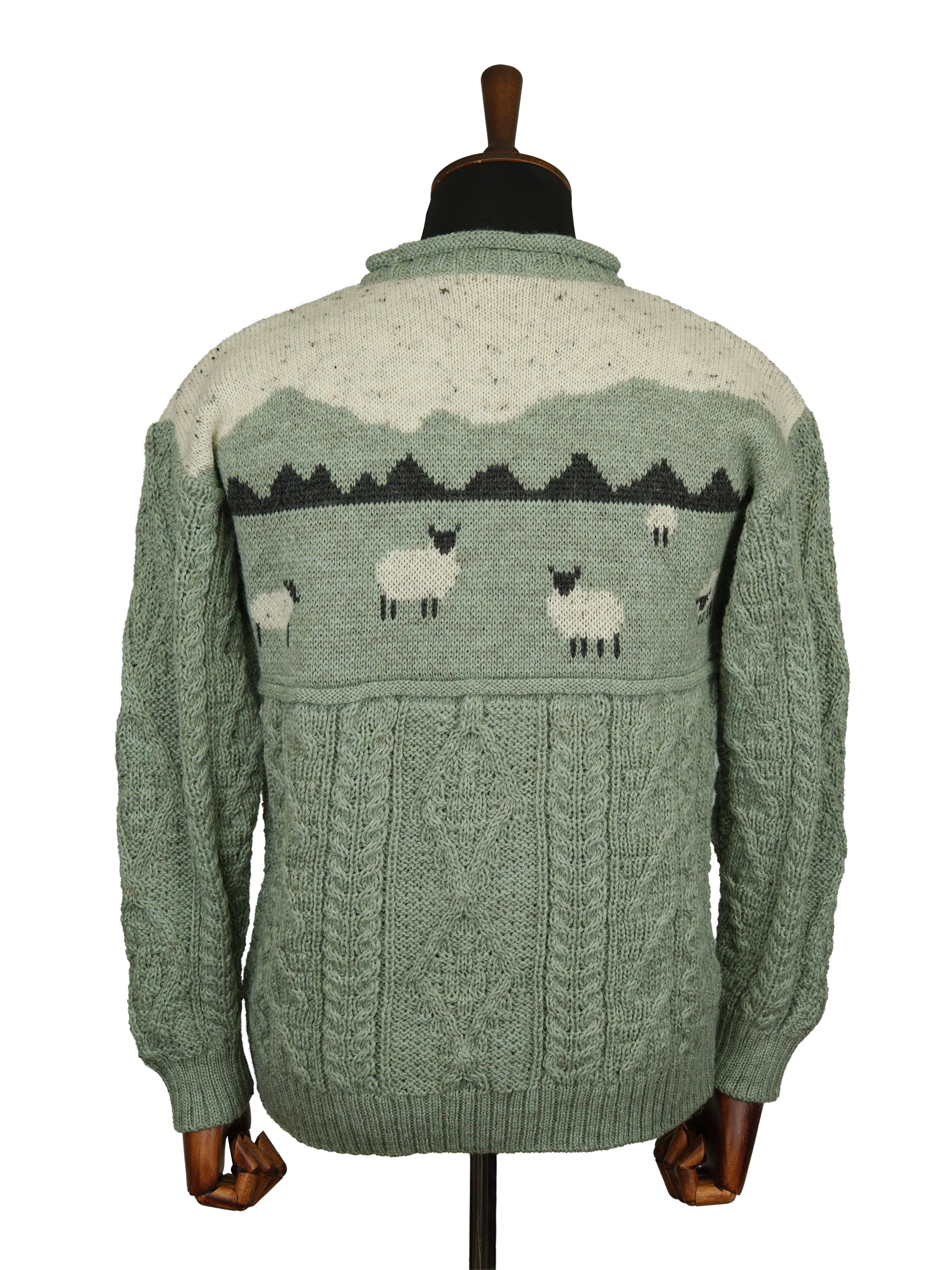 Unisex Aran Crew Neck Jumper - Sheep Scene Sage - Image 3